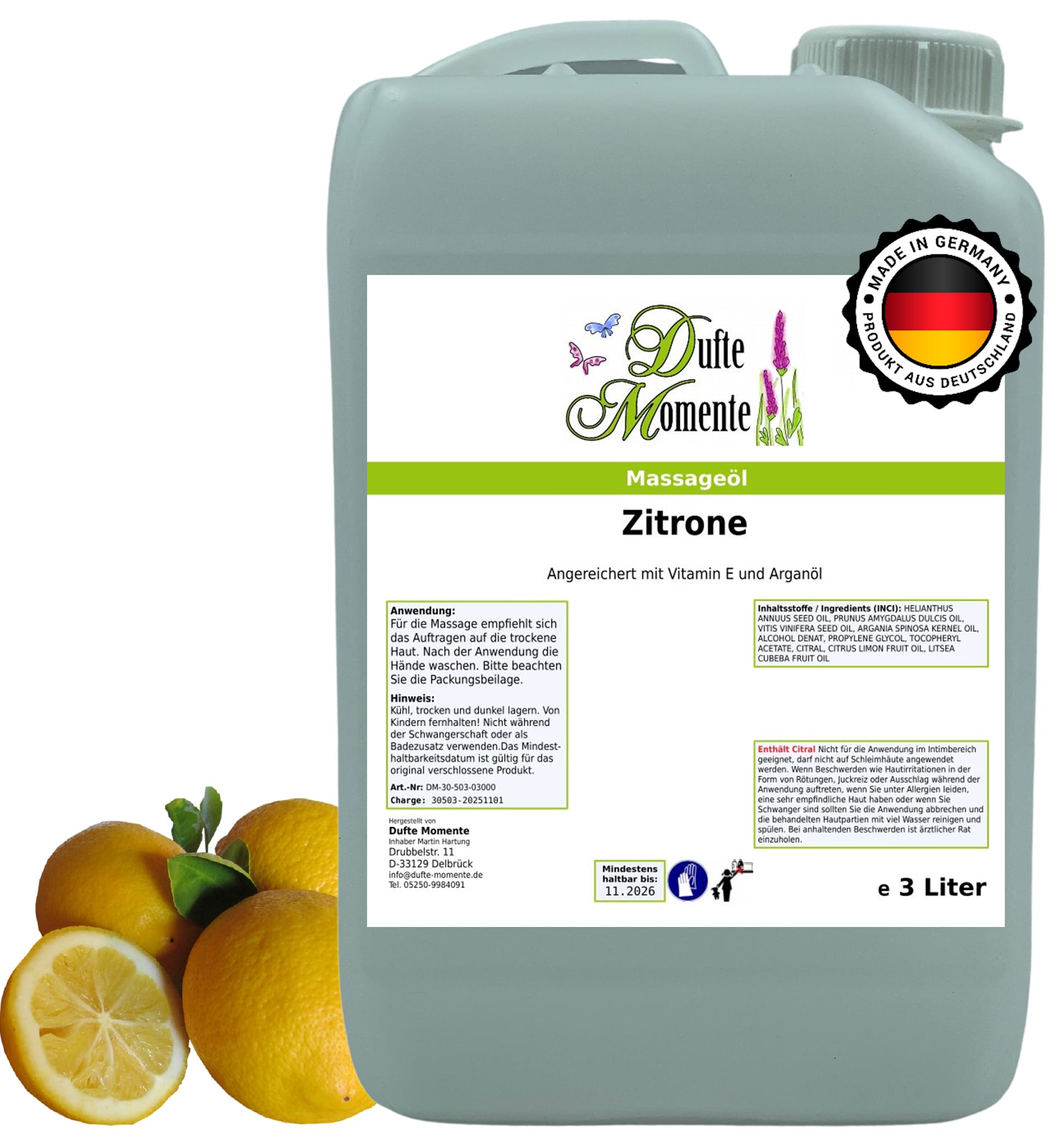 Dufte Momente Massageöl Zitrone – 3 Liter – Pflanzenölbasis mit ätherischem Zitronenöl – frisch & belebend – für Massage & Wellness – vegan & Made in Germany