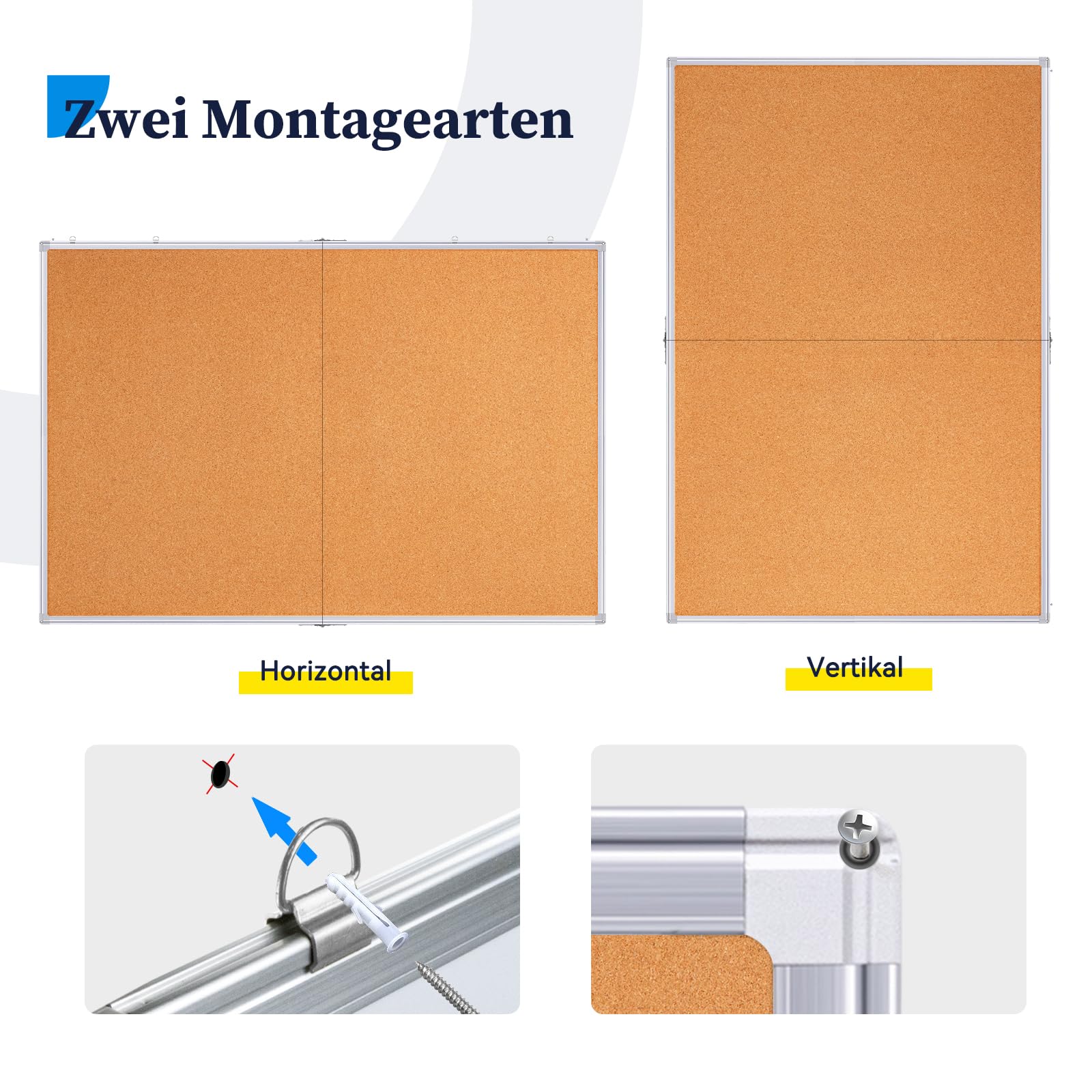 Maxtek Pinnwand Kork Groß 90 x 120 cm, Pinwand Korktafel mit Aluminiumrahmen, Cork Board inklusive 12 Reißzwecken, aus Selbstheilendem Natürlichen Kork und Einfach zu Montieren