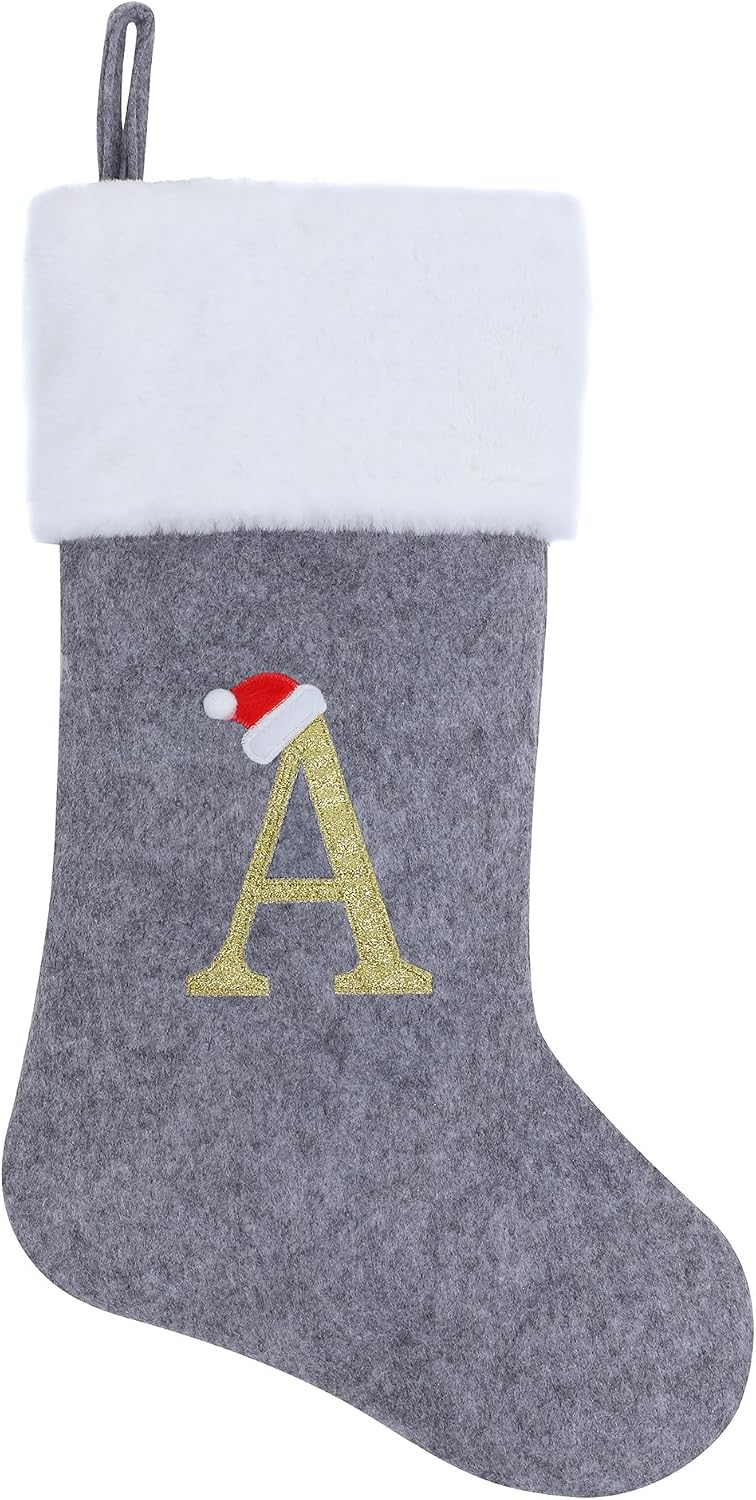 20 Inches Grey with White Super Soft Plush Christmas Stockings Personalized Embroidered Monogrammed Xmas Stocking Hanging Ornaments for Family Holiday Xmas Party Decorations（Letter A）