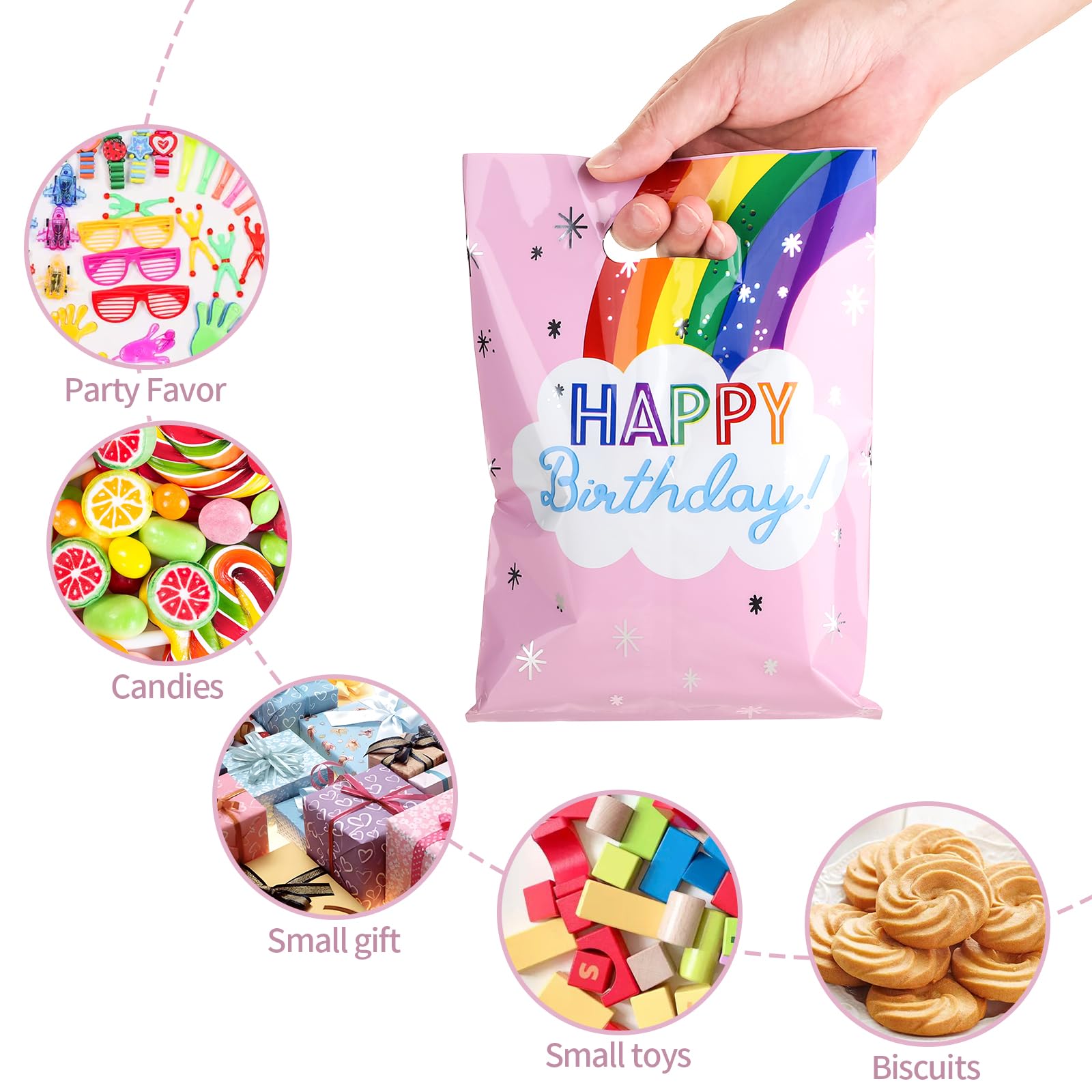 SnortleSnap 40Pcs Rainbow Birthday Party Favor Bags, Rainbow Party Theme Gift Bags， 6.7 x 9.8 Inch Plastic with Handle