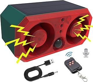 Solar Motion Sensor Alarm Outdoor, LED Strobe Light Support Recording, 3 Levels of Volume, 4 Modes, 13 Sounds, Comboss Bar...