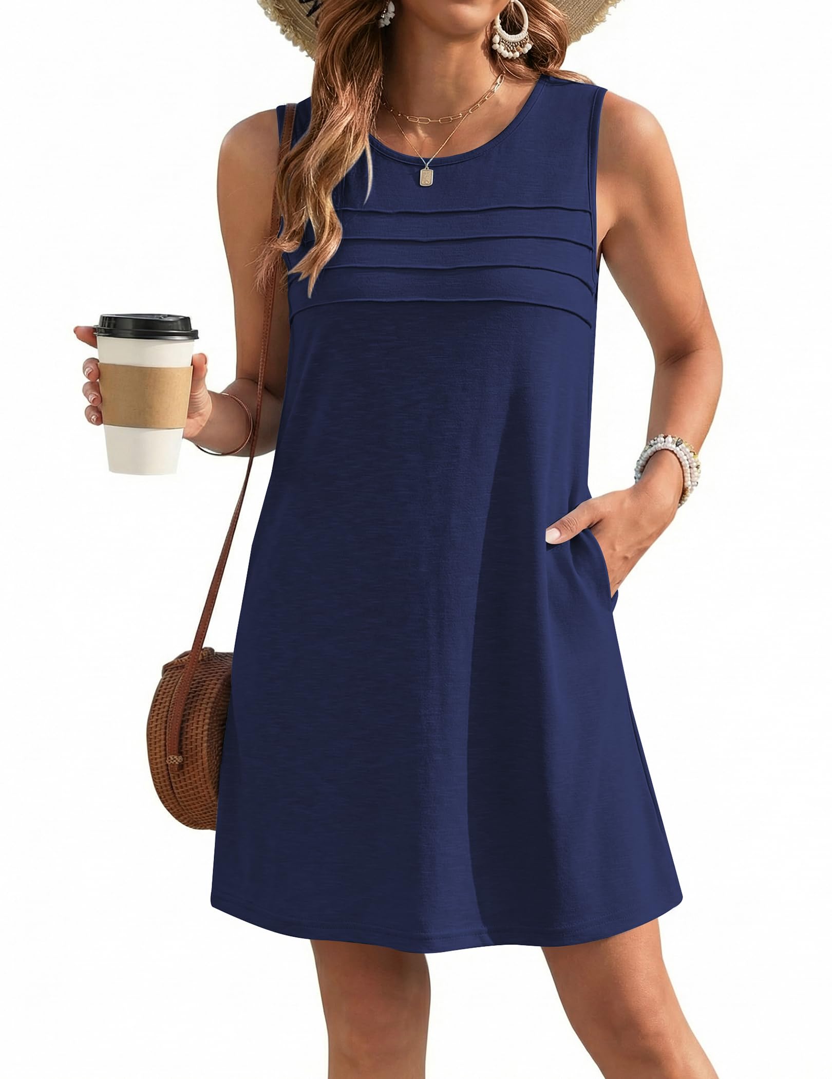 Ekouaer Womens Swimsuit Cover Up Pleated Front Bathing Suit Coverups 2026 Casual Tank Beach Dress with Pockets S-2XL