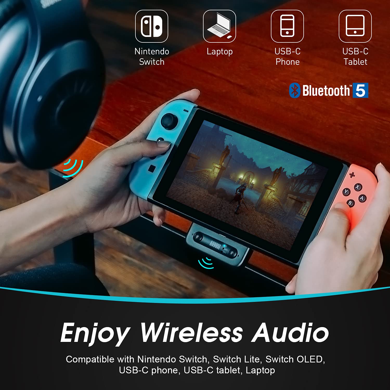 August MR410 - Adaptateur Bluetooth Switch USB C aptX LL Dual - Transmetteur Compatible Nintendo Switch, Téléphone Tablettes Android, Macbook, Surface - Passtrough & Adaptateur USB-C vers USB Inclus