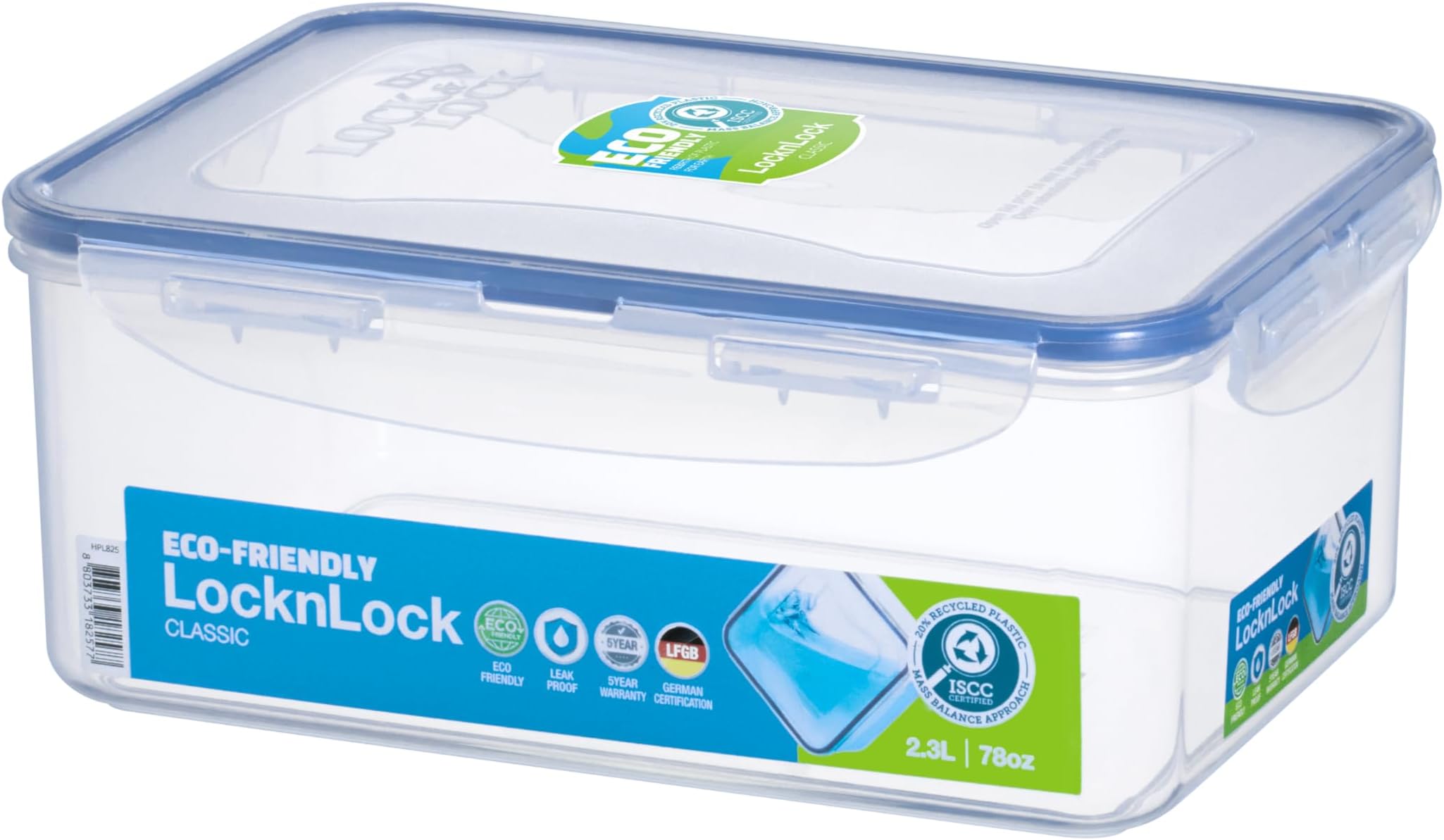 Lock & Lock HPL825 Classic Rectangular Food Container, 2.3L (232 x 165 x 95mm), Clear/Blue