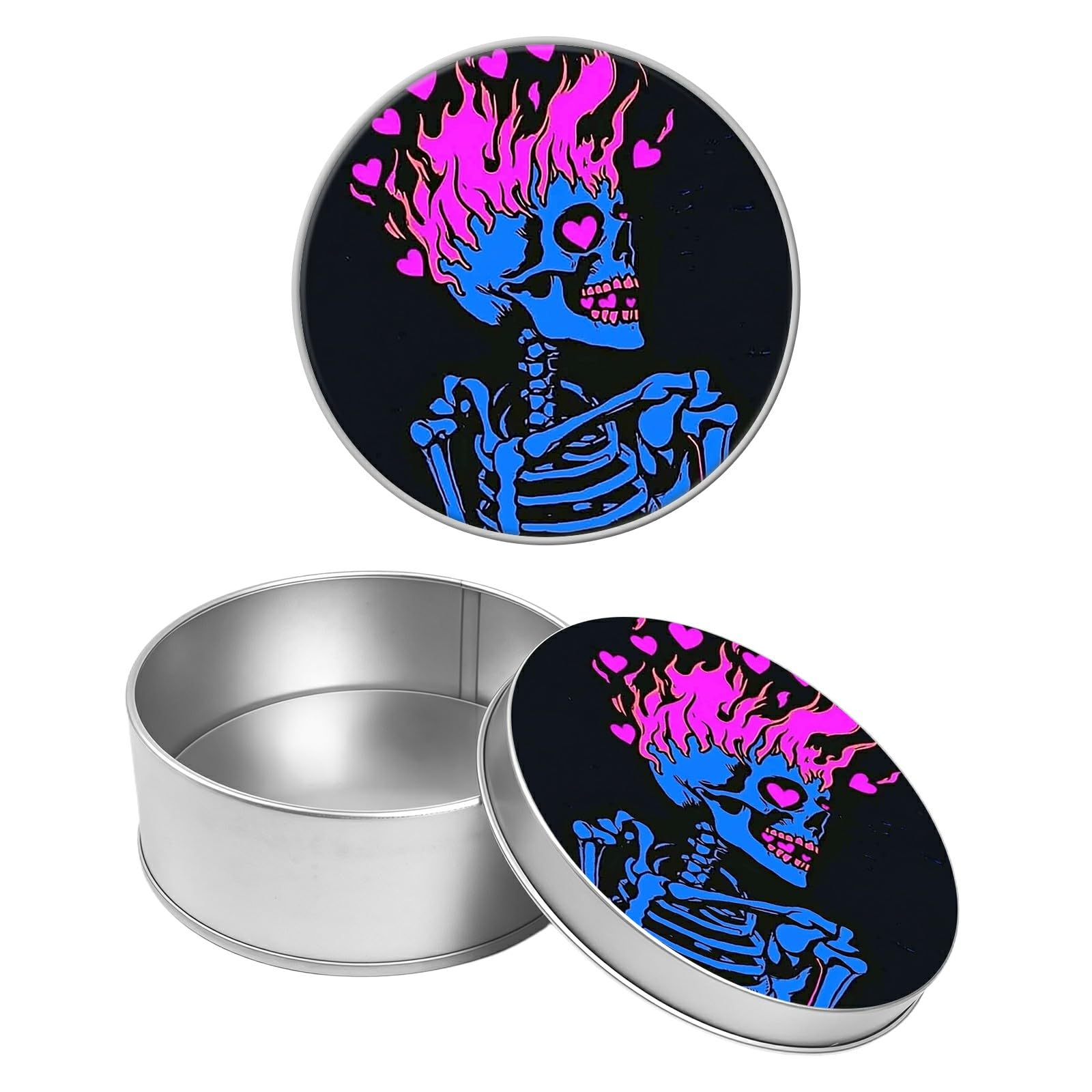 Round Metal Tin Container with Removable Lid, Pink Heart Skull Durable Metal Storage Box for Crafts Snacks Candies Office Supplies Small Items 3.54 x 1.38 inch– Single Pack