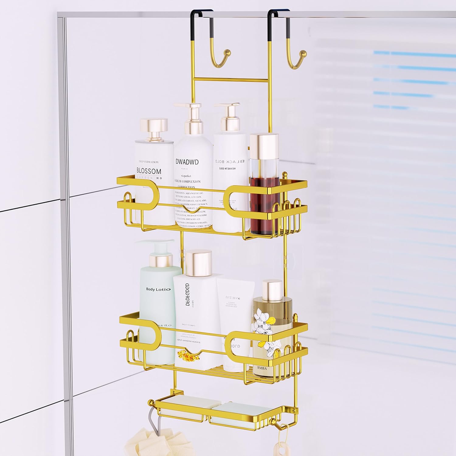 SWTYMIKI Over the Door Shower Caddy Hanging with Double Soap Holder, Hanging Shower Organizer with 16 Hooks, No Drilling Shower Shelves Over Door, Bathroom Rack and Storage, Gold