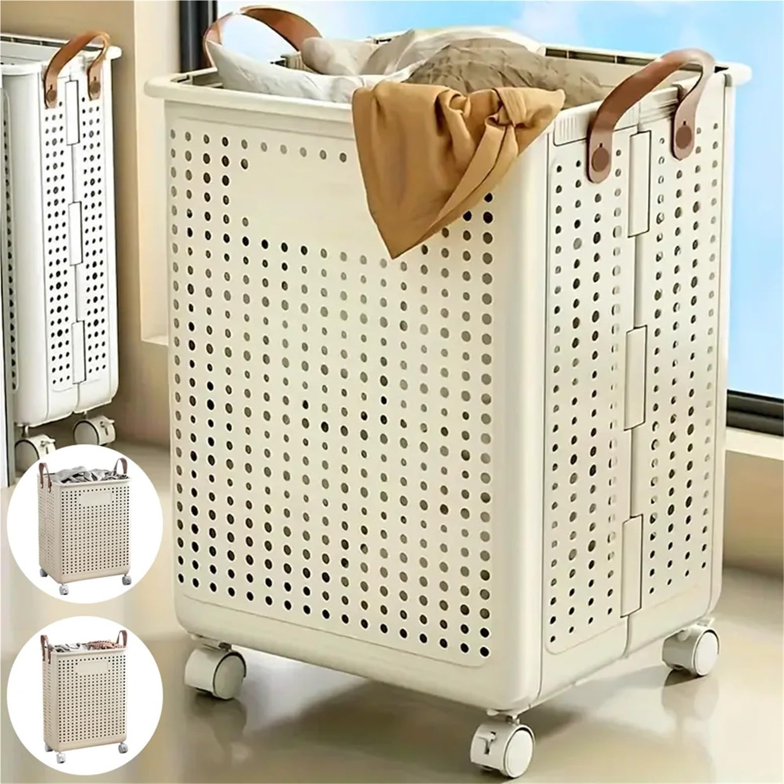 Cesto Portabiancheria Con Ruote Cesto pieghevole for vestiti sporchi senza coperchio, portabiancheria for uso domestico in dormitorio, grande capacità con puleggia(XL 37.5x36x55cm)