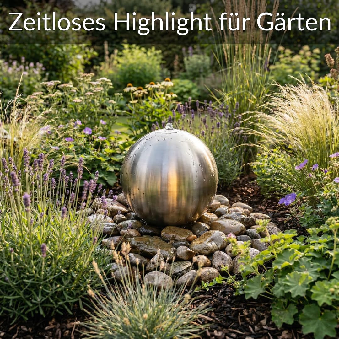 Kugelbrunnen aus matt gebürstetem Edelstahl D: 38 cm – Edelstahlkugel matt für Gartenbrunnen, Wasserspiel Garten, 30 mm Lochbohrung, 1/2 Zoll Schlauchanschluss, Edelstahlbrunnen für DIY Brunnenanlagen