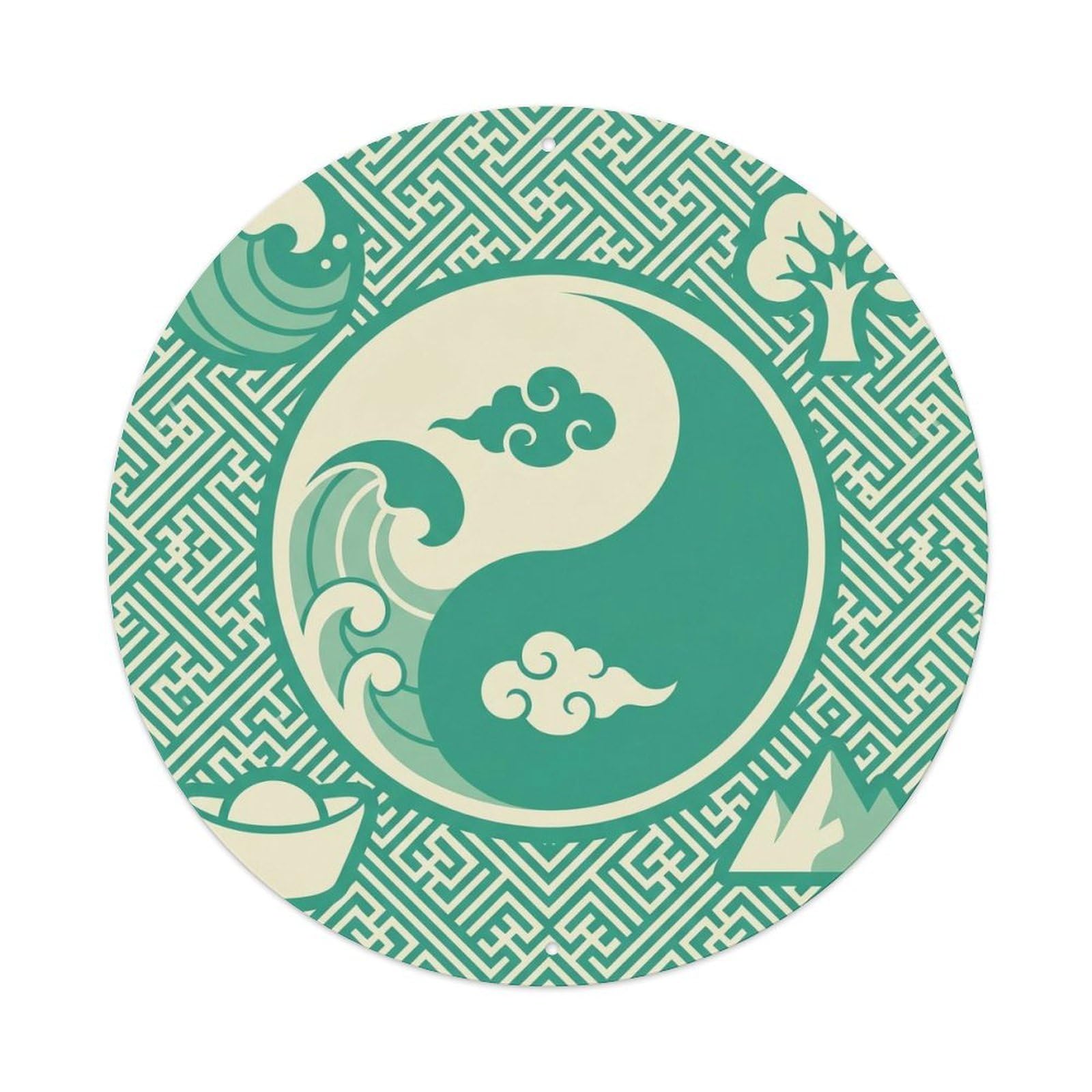 Emerald Yin Yang Tai Chi Zen Balance Taoist Harmony Philosophy Metal Tin Sign Plaque Wall Decor for Cafe, Man Cave, Club Bar, Office, Home Garden Round Metal Poster 8x8Inch