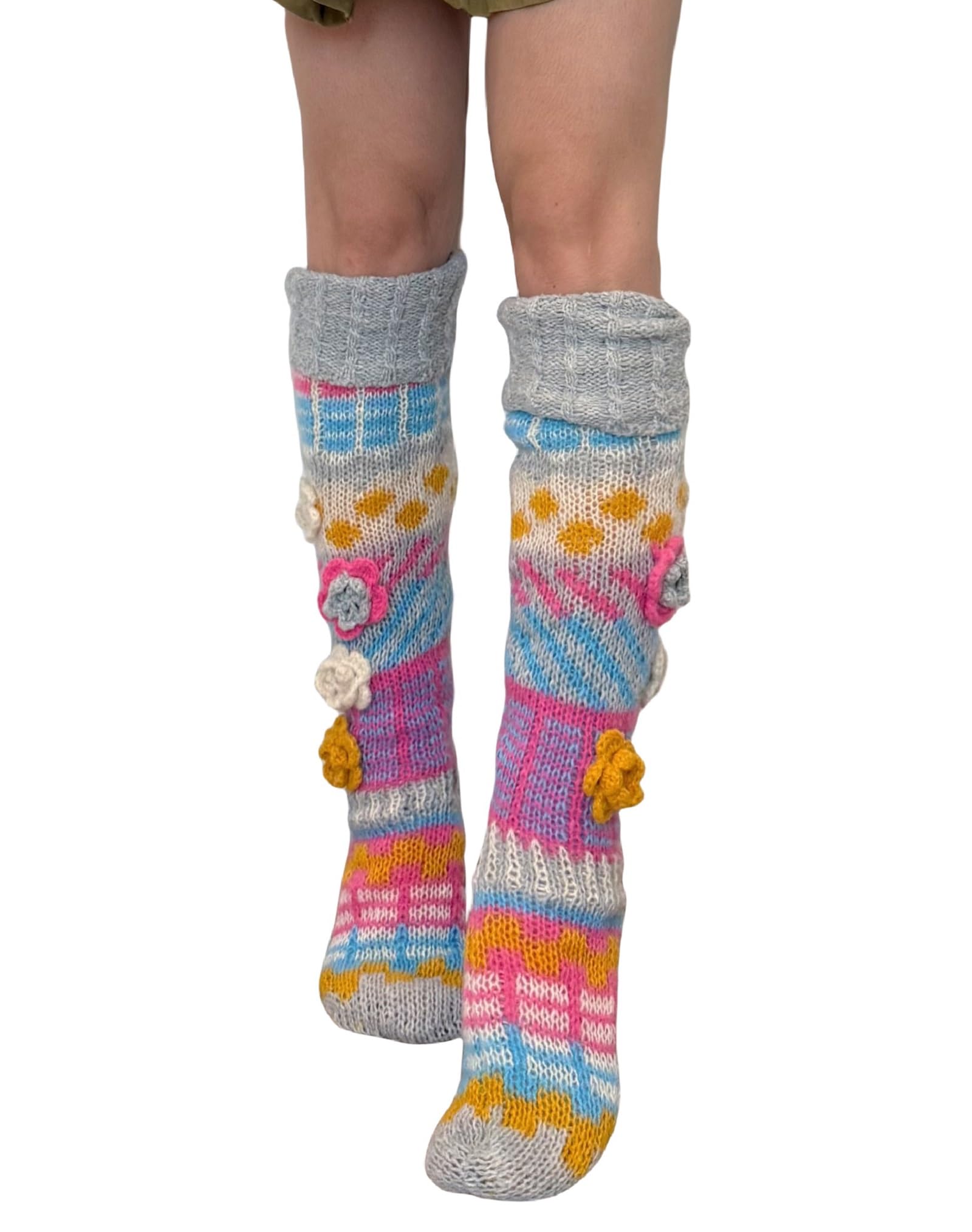 Women Knitted Knee High Socks 3D Flower Embroidery Boot Socks Colorful Warm Crochet Knit Leg Warmers Stockings