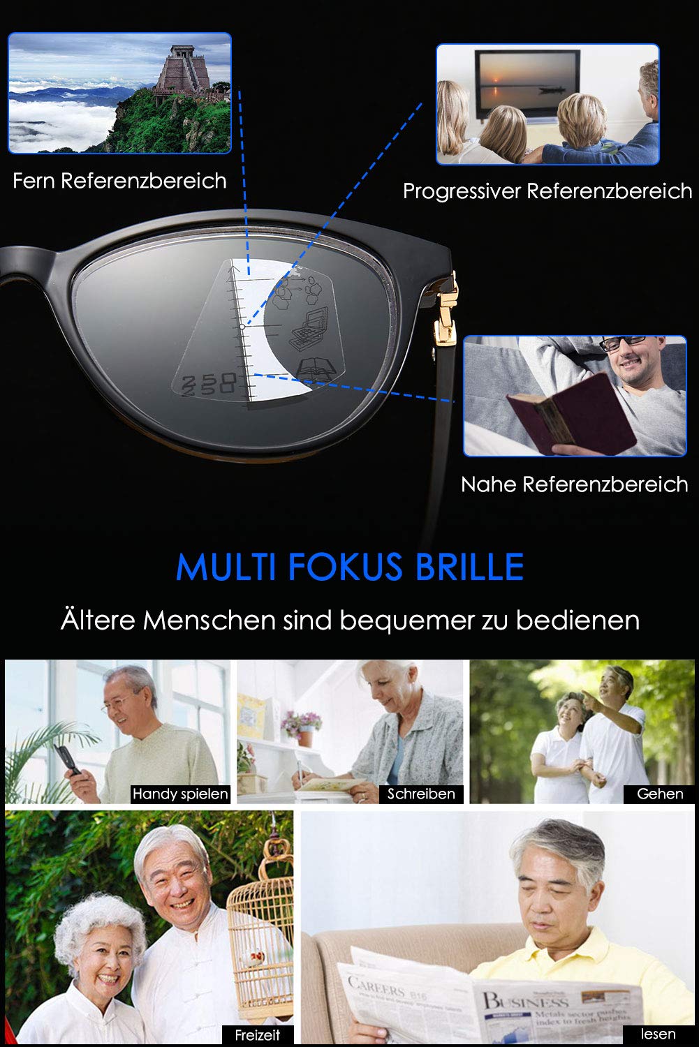 KOOSUFA Damen Gleitsichtbrille Progressive Multifokus Lesebrille Cateye | Intelligente Gleitsicht, Anti-Blaulicht, Katzenaugen, Kunststoff, Hornbrille Lesehilfe, 1,0 1,5 2,0 2,5 3,0 3,5