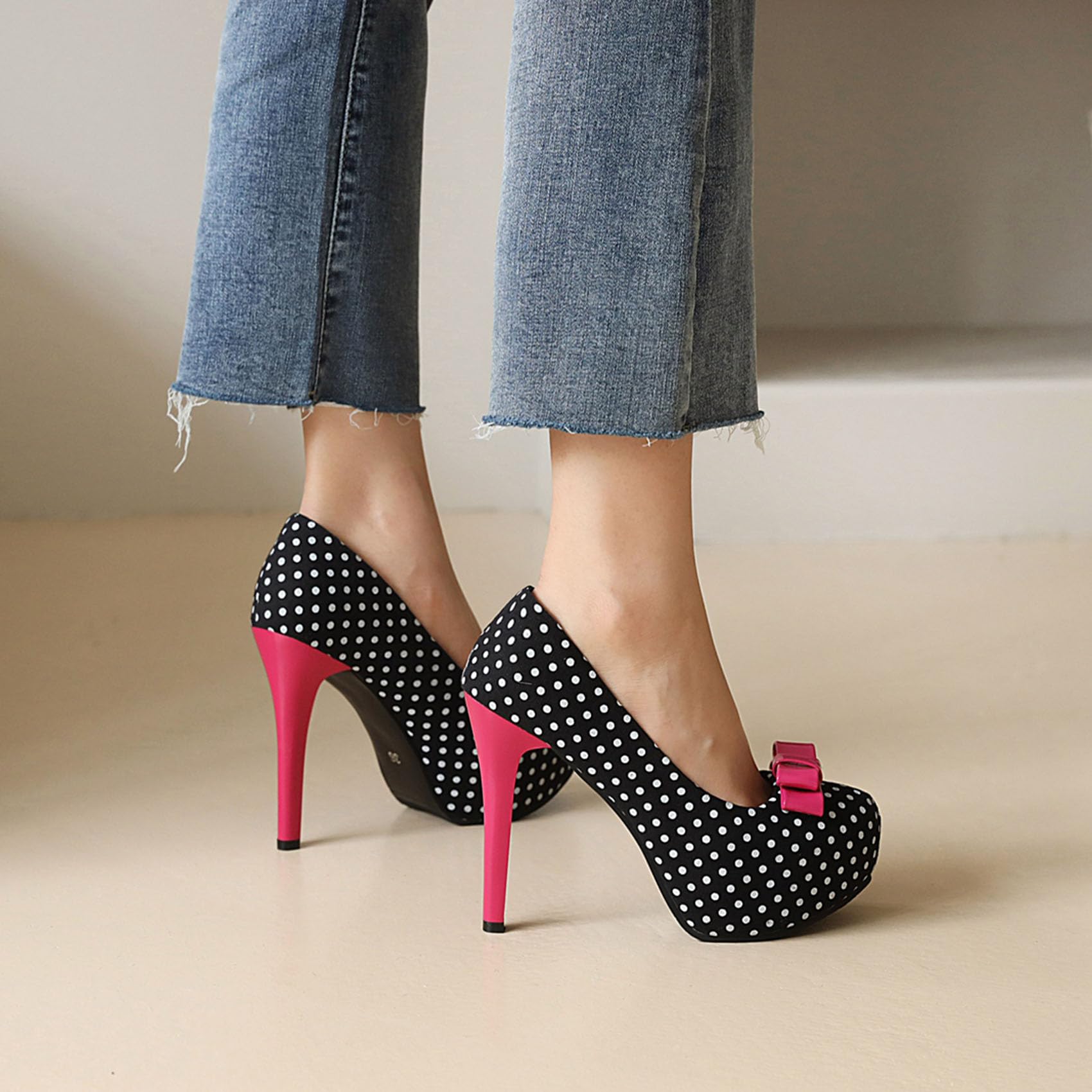 KOKOMOMO Womens Polka Dot High Heels Round Toe Platform Stiletto Pumps with Bows: 10 Black