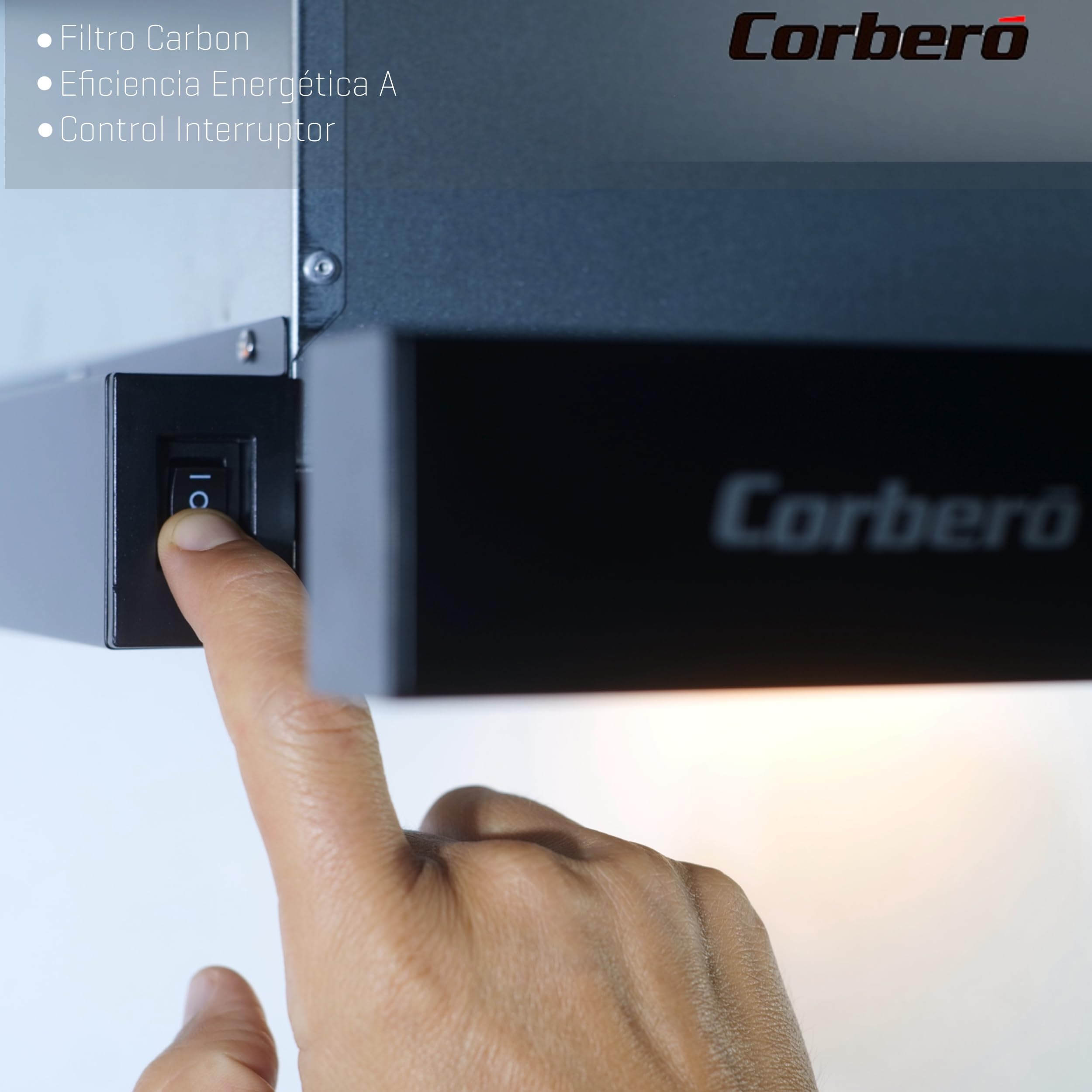 Corberó VINSON635B Okap Teleskopowy Czarny, 60 cm, Przepływ 350 m3/h, Moc 65 W, 2 Prędkości, Filtr aluminiowy 3 warstwy, Filtr węglowy, Efektywność energetyczna B