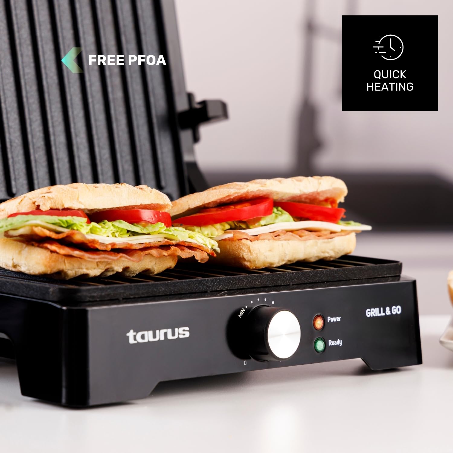 Taurus - Gril Électrique Grill&Co GR1500X | 1500W | Plaques Antiadhésives 27,5 x 17,3 cm | Couvercle Flottant 180º | Thermostat Réglable | Base Antidérapante | Bac à Graisse Amovible