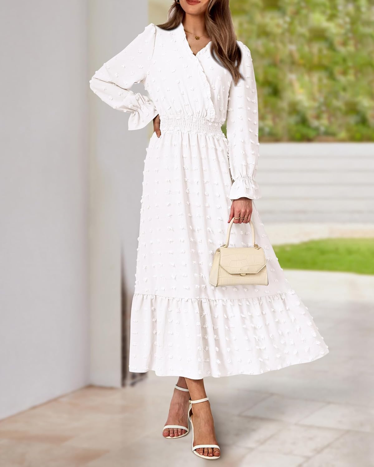 BTFBM Women Spring Maxi Dresses 2026 Long Sleeve V Neck Swiss Dots High Waisted A-Line Ruffle Boho Long Dress Vacation - Image 7