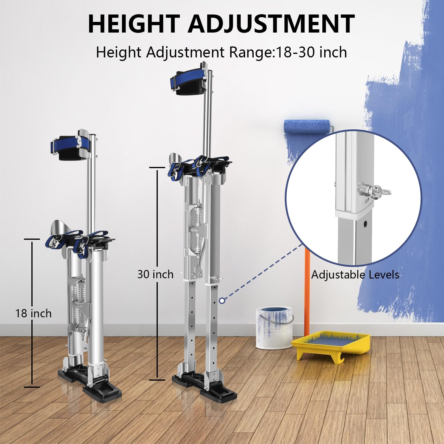 Drywall Stilts, 18-30 Inch Adjustable Height Aluminum Stilts, 225 lbs Capacity, Ideal for Painting, Drywall, Cleaning, Pruning and Stage Use