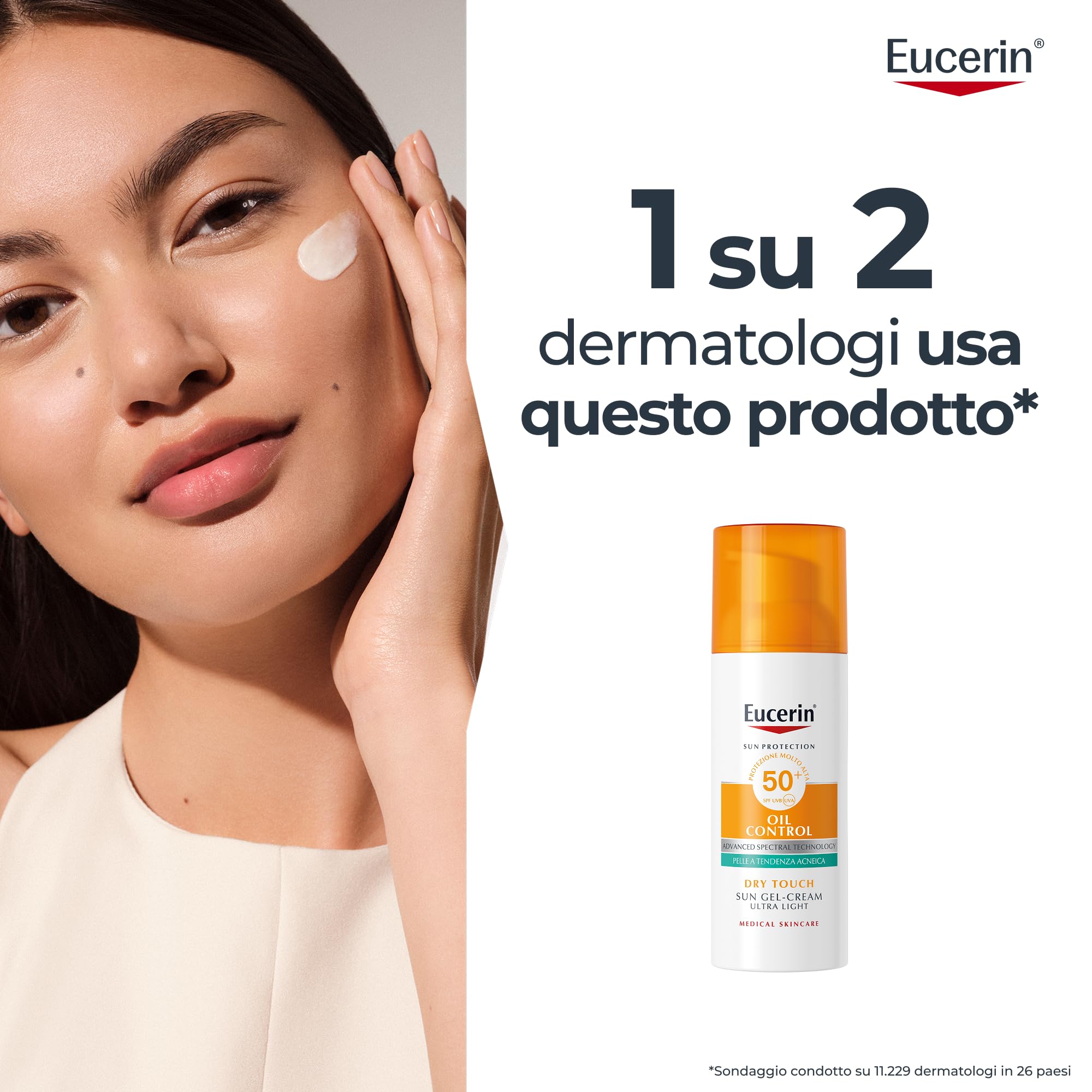 Eucerin Oil Control Dry Touch Face Sun Gel-Creme SPF50+ 50 ml, Crema solare viso 50+ opacizzante, Protezione solare viso 50+ senza profumo, Texture ultra leggera per pelle grassa, acneica e sensibile