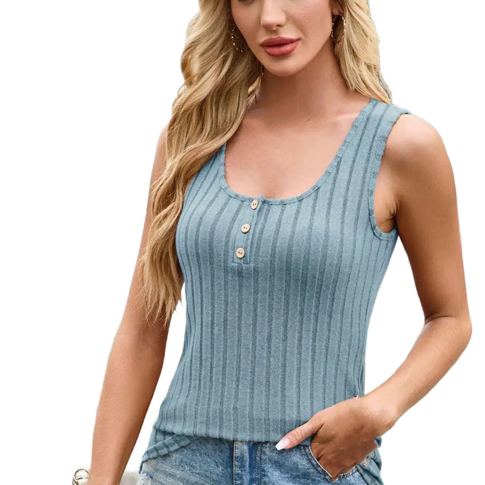 Camiseta de punto sin mangas con cuello en U para mujer, con botones delgados, sin botones, camiseta casual