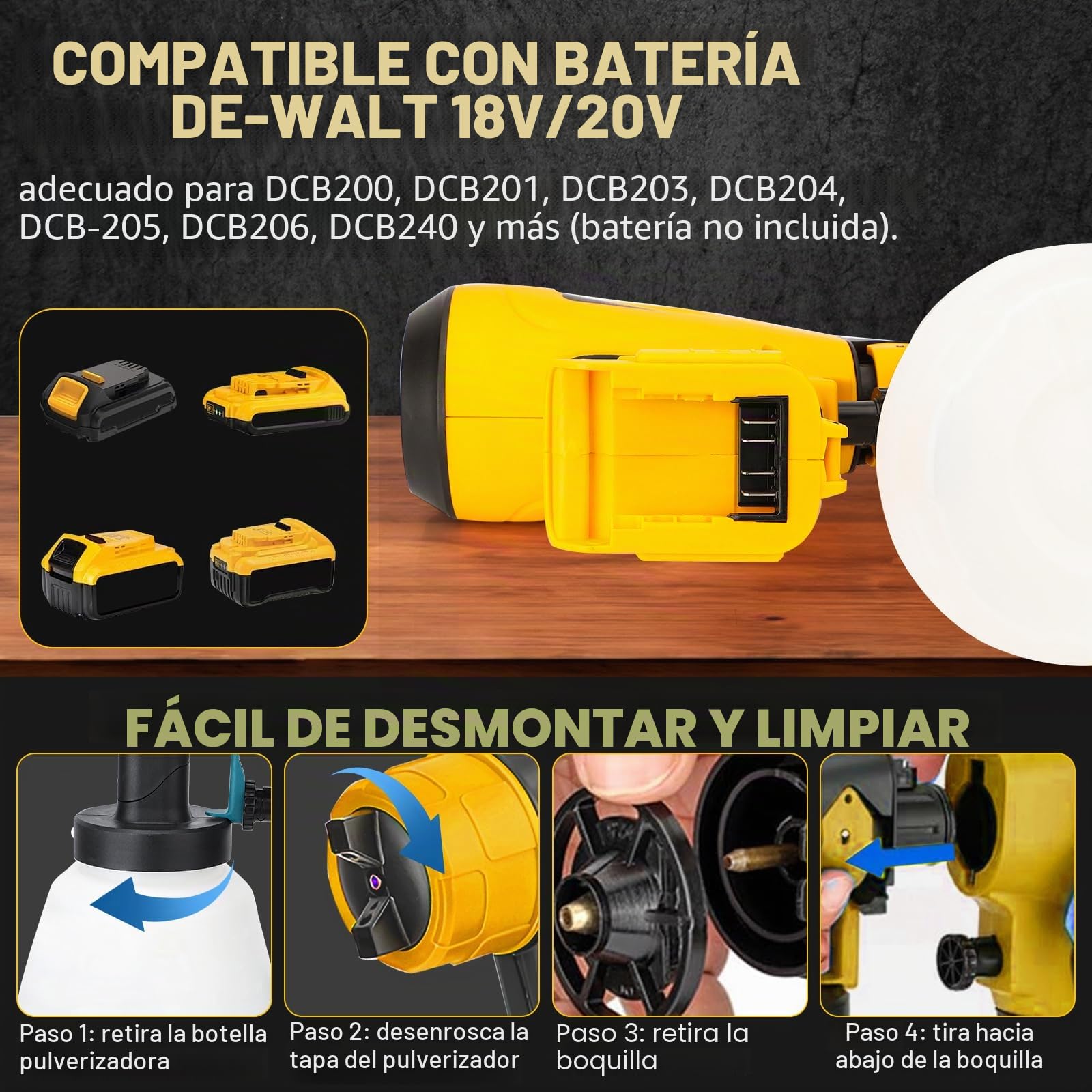 Pulverizador de Pintura inalámbrico para Dewalt 18 V 20 V, Pistola eléctrica HVLP de Mano con 4 boquillas, depósito de 1000 ml para Muebles de hogar, Vallas, terrazas, Paredes y techos (sin batería)