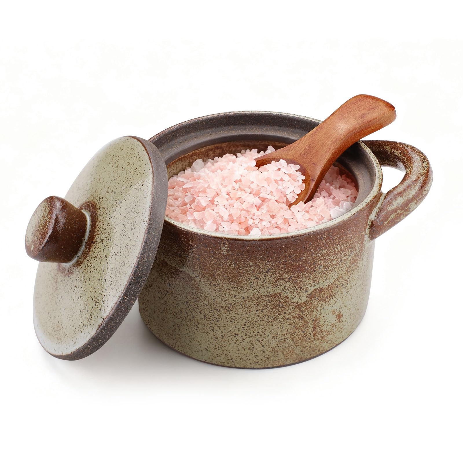Yitexin 8.5 Oz Speckled Porcelain Salt Cellar with Lid & Wooden Spoon, Handcrafted Pepper Salt Dish Holder, Glaze Spice Jar Kitchen Countertop Canister/Container/Bowl for Sugar Storage (1pcs)