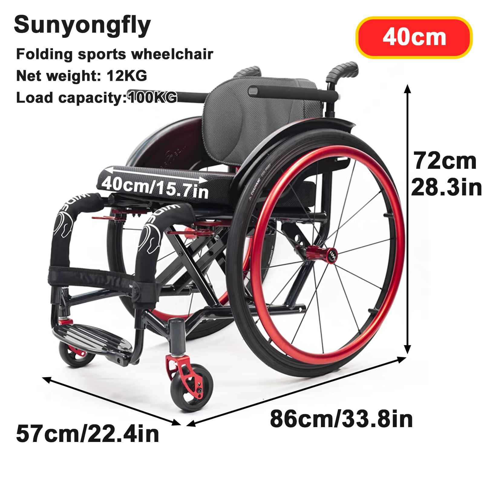 Carrozzina Leggera Pieghevole Carrozzina Leggera Pieghevole Carrozzina in Alluminio Carrozzina Sportiva Adatta per Adulti, disabili e Anziani(Seat Width 40cm,Red)