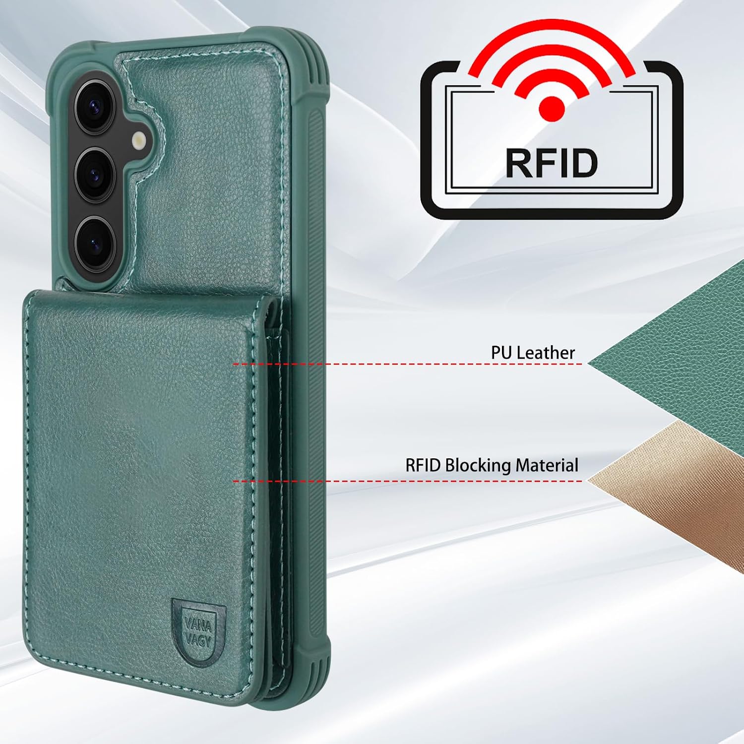 VANAVAGY Compatible for Galaxy S24 Wallet Case with Credit Card Holder, PU Leather Magnetic Clasp Kickstand Flip Phone Case with Coin Pocket Screen Protector for Women Men,Forest Green