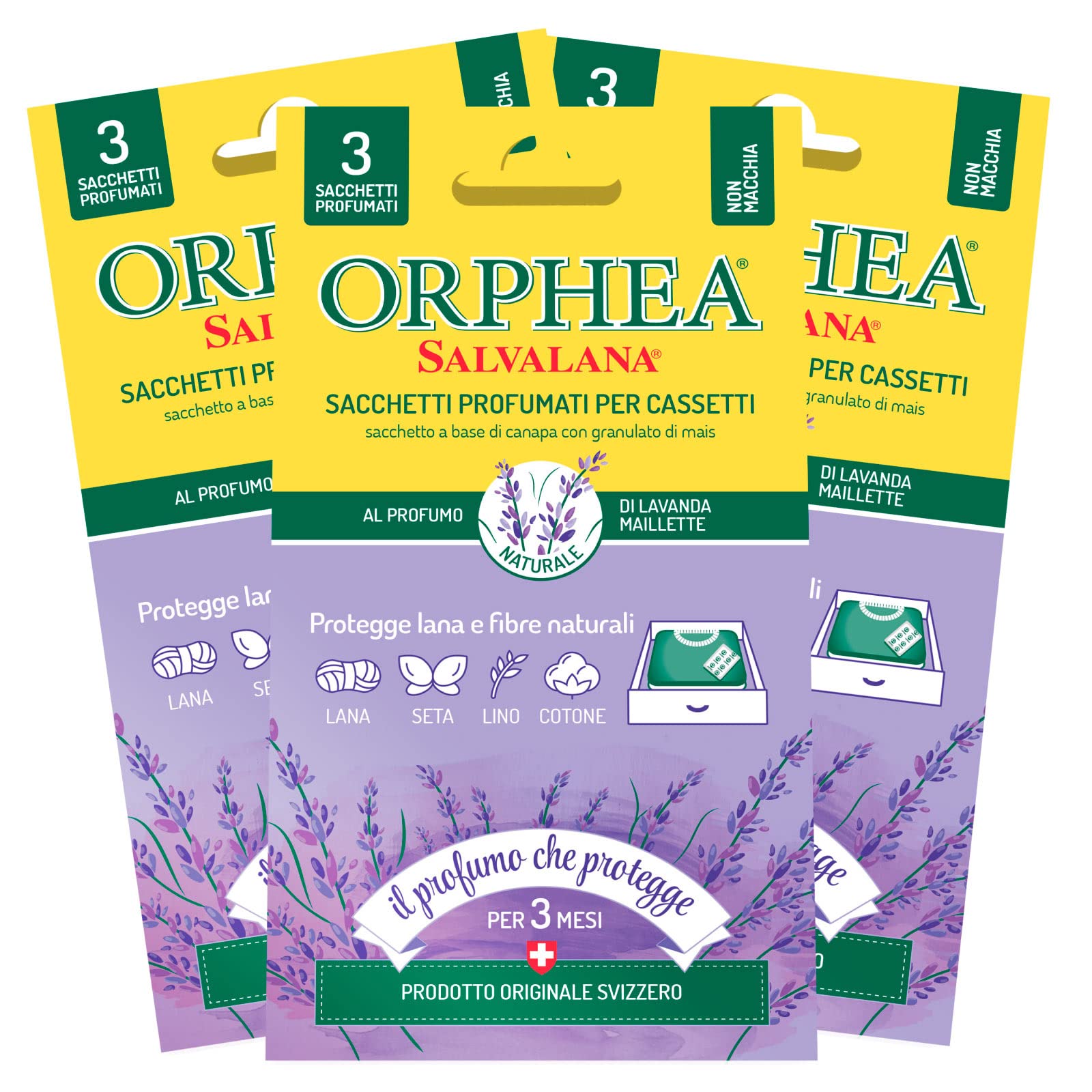 3x Orphea Salvalana Sacchetti Profumati per Cassetti Protegge Lana e Fibre Naturali al Profumo di Lavanda Maillette - 3 Confezioni da 3 Sacchetti Ognuna