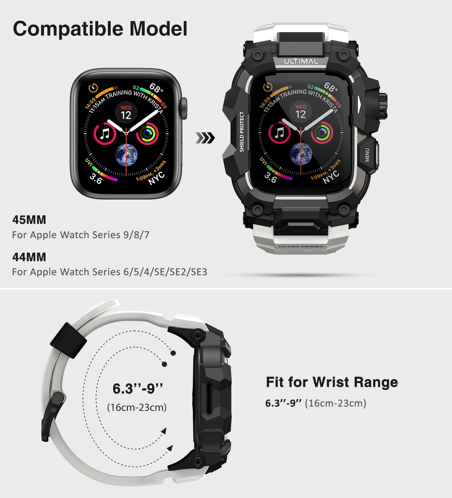 ULTIMAL Robuste Schutzhülle mit Band für Apple Watch 49 mm, kompatibel mit Apple Watch Ultra 3/2/1, stoßfest, Militärqualität, für iWatch, taktisches Band für Herren