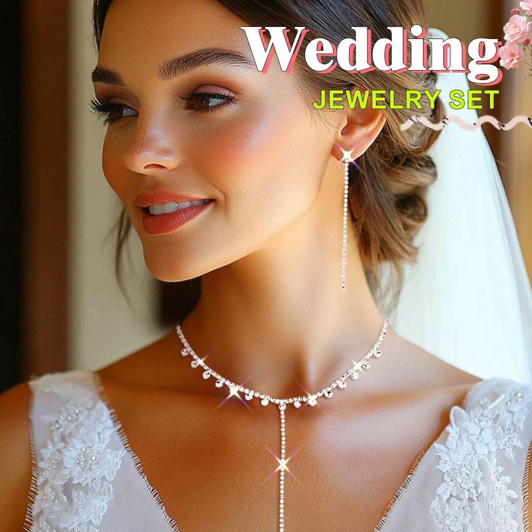 EVILD Long Silver Rhinestone Necklace and Earring Set Prom Bridal Wedding Jewelry Sets for Women - Image 3