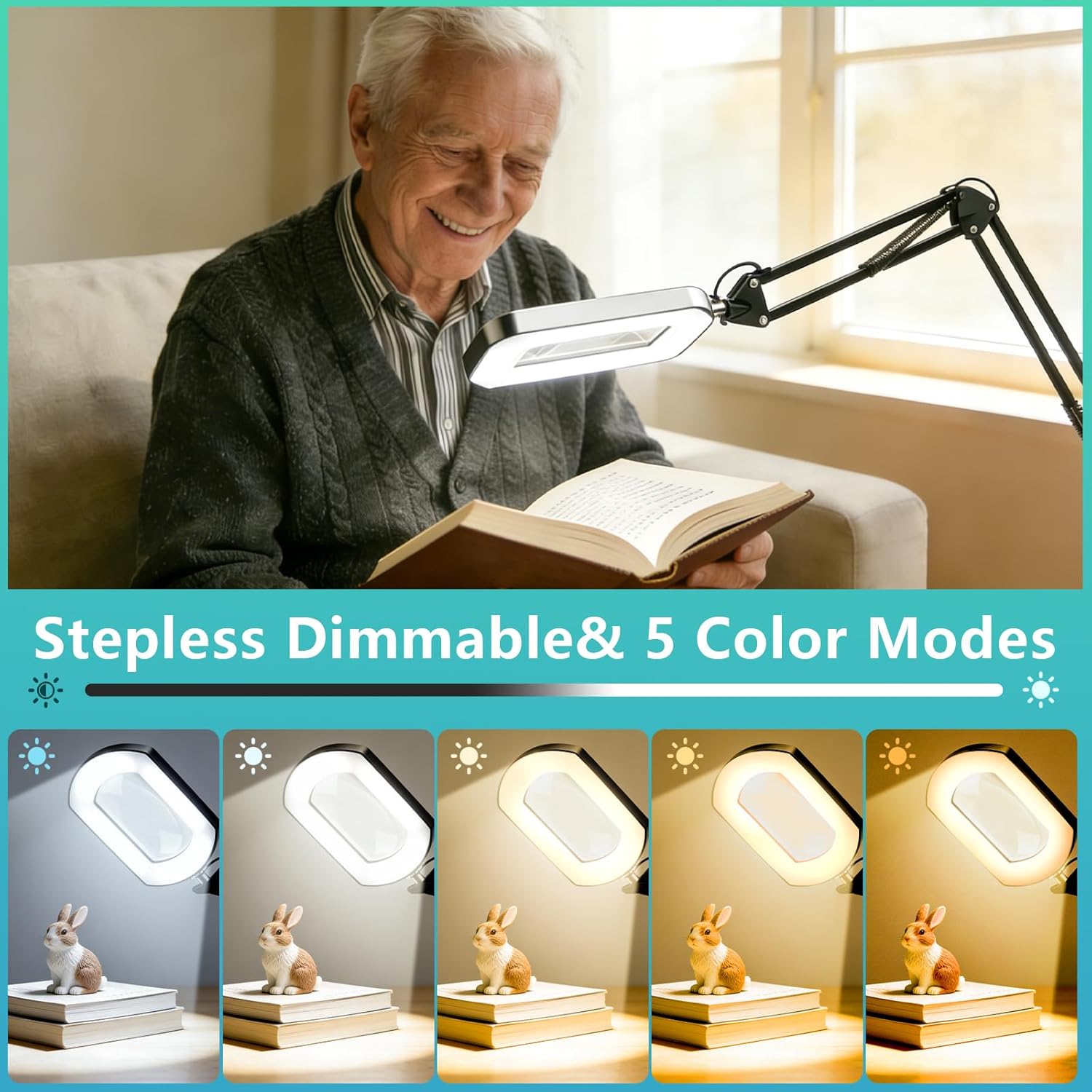 10X Magnifying Glass with Light and Stand 11"x11" Sturdy Base 5 Color Modes Dimmable LED Desk Magnifying Lamp with Clamp Hands-Free Lighted Magnifier for Reading Crafts Sewing Close Work