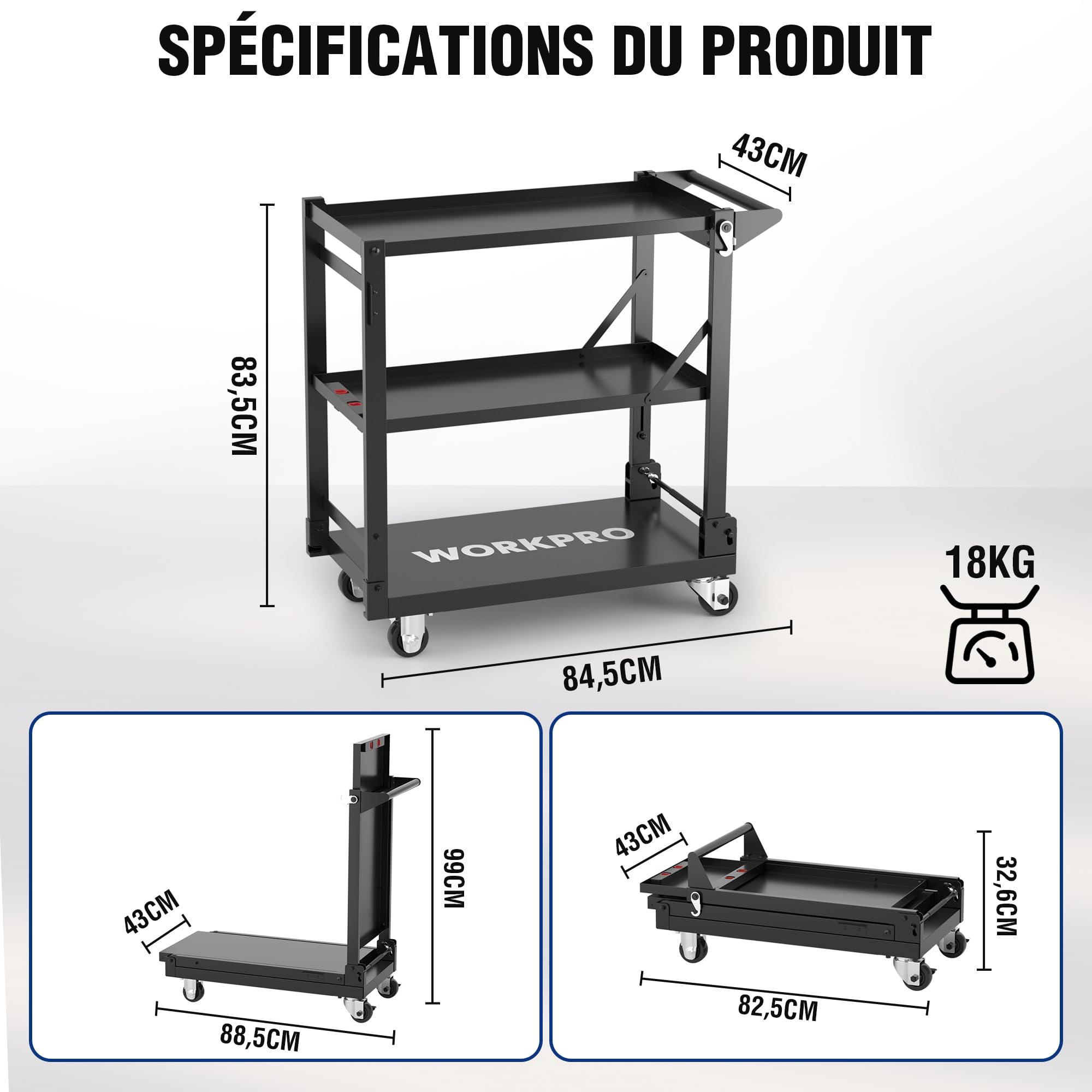 WORKPRO Chariot à Roulettes 3 en 1, Chariot Servante d’Atelier Pliable avec Poignée Latérale, 3 Niveaux de Rangement, Chariot de Service Mobile pour Garage, Atelier, Cuisine, Bureau, Entrepôt, Hôtel
