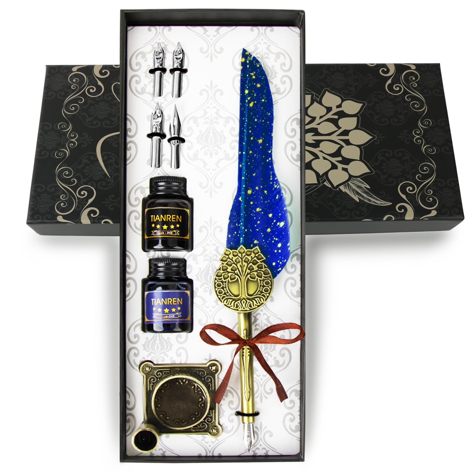 TIANREN Federstift und Tinte, Federstift-Set, antiker Kalligraphie-Stift mit 4 austauschbaren Spitzen, 2 Flaschen Tinte, Stifthalter, Weihnachtsgeschenk für Männer und Frauen. (Blau)