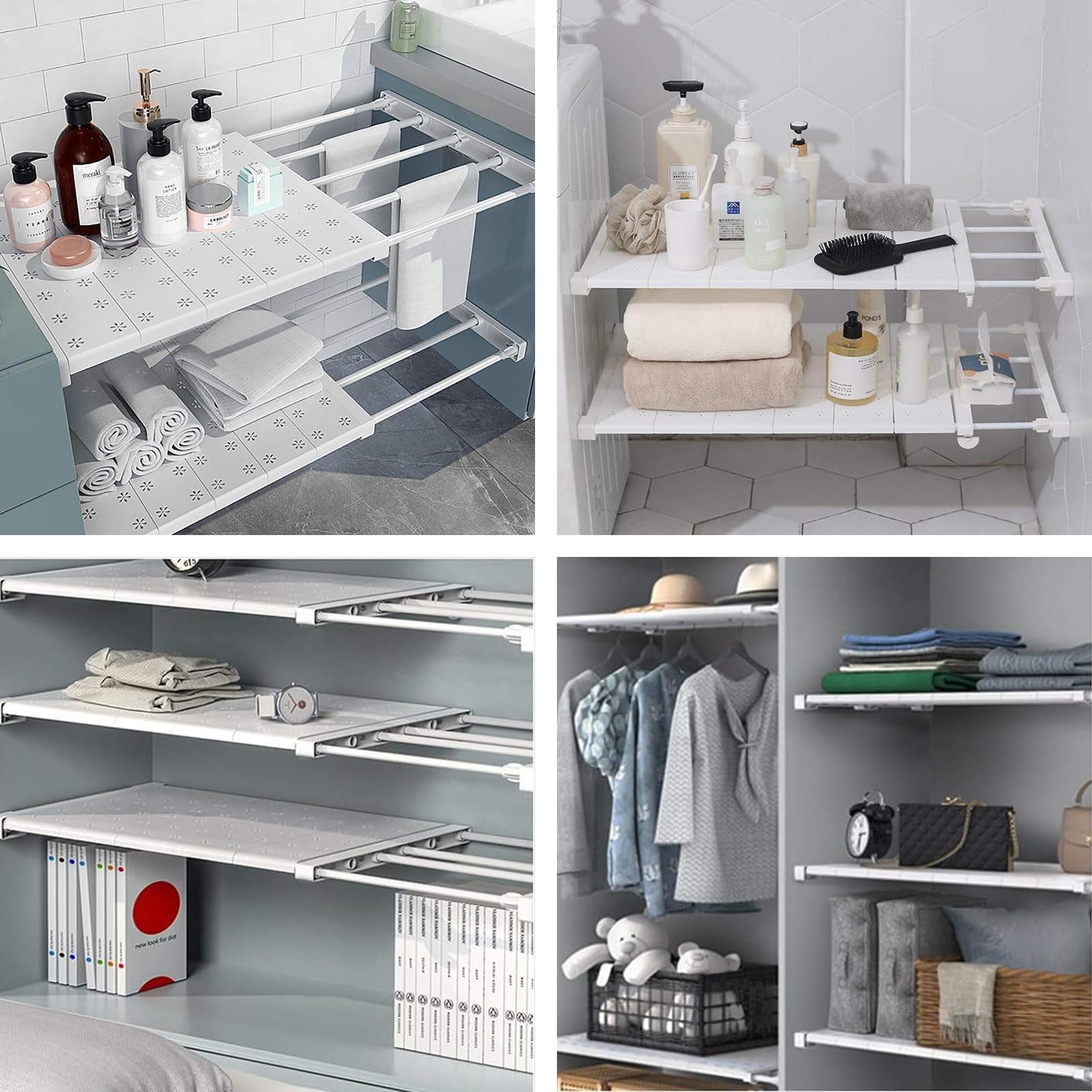 Étagères Réglables pour Armoire, Tablettes Extensibles, Séparateurs Télescopiques sans Clou pour Placard, Armoire, Cuisine, Salle de Bain
