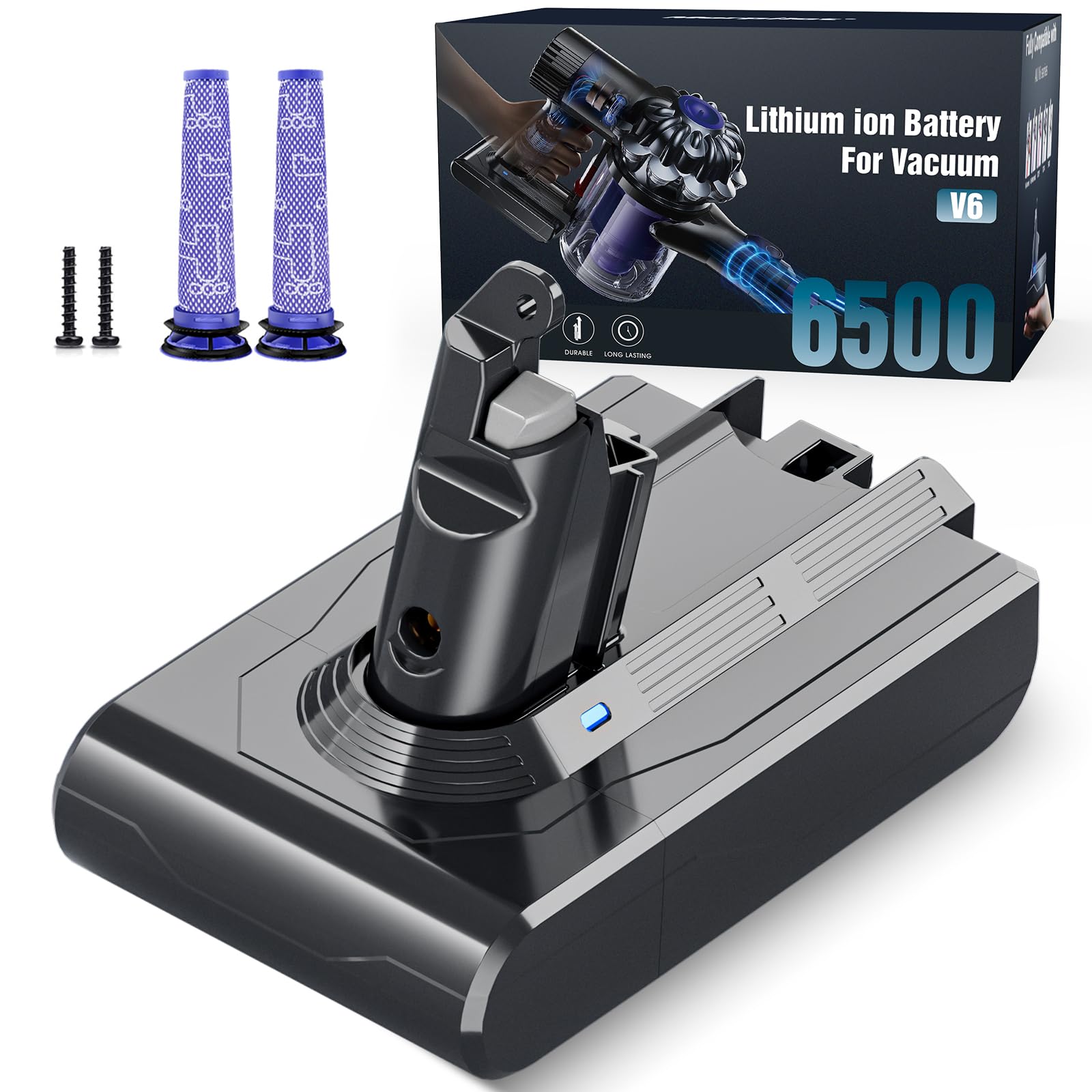 Replacement Vacuum Battery for Dyson V6 - Morpilot 6500mAh Battery Compatible with V6 Animal Absolute SV03 SV04 SV05 SV06 SV07 SV09 DC58 DC59 DC61 DC62 DC72 DC74 Vacuum Cleaner with 2 Pre-Filters