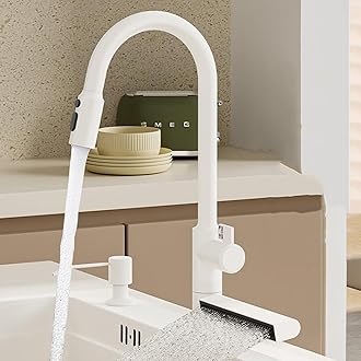 Pull Out Kitchen Mixer Faucet Waterfall Shower Head 360° Swivel Brass Kitchen Sink Mixer Faucet-White