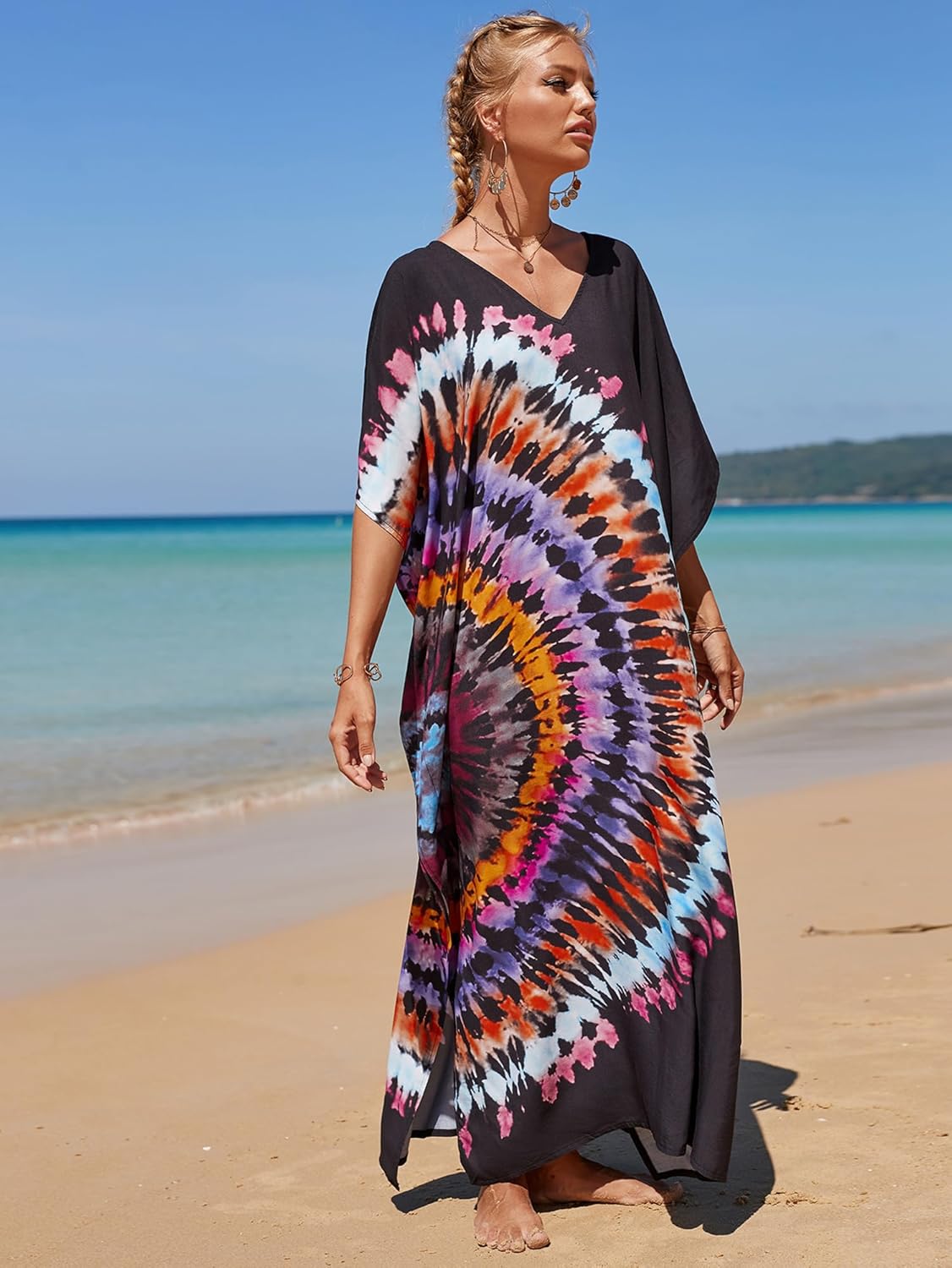 Chunoy Women Casual V Neck Kaftan Dress Kimono Sleeve Bathing Suit Beach Cover Up Caftan Side Split Dresses - Image 6