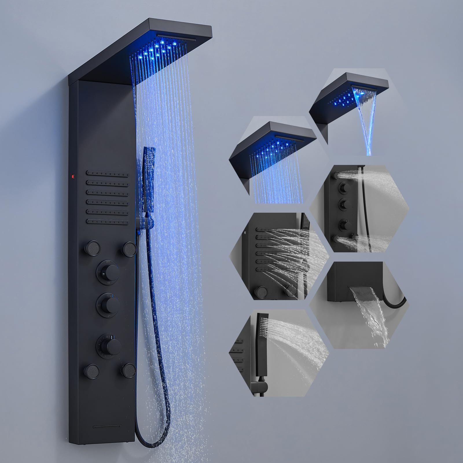 ROVOGO Komplett Schwarz LED Duschpaneel mit Thermostat, 5 Funktionen Duschsäule Regenfall Wasserfall Duschkopf, 2 Strahlarten Massagedüsen, Handbrause, Wanneneinlauf, Edelstahl Duschpaneel mit Armatur