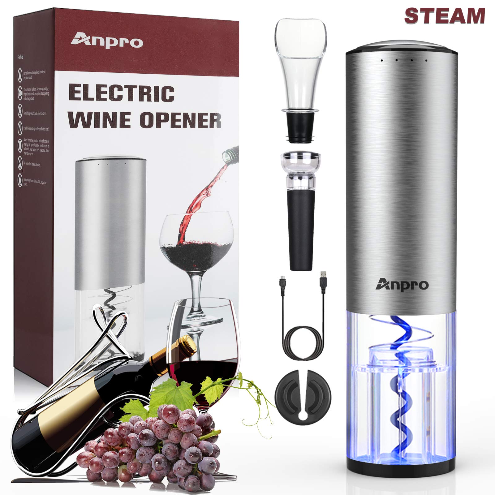 Anpro Cavatappi Elettrico Automatico Set con Versatore Vino, Taglierina, Tappo Sottovuoto