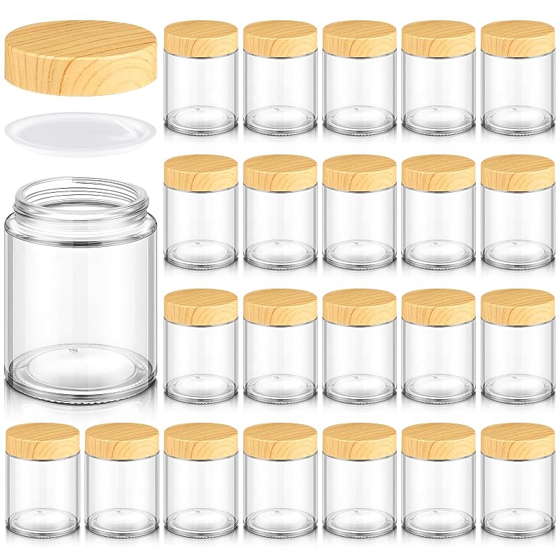 Norme 24 Pcs 6oz Glass Jars with Lids Empty Small Glass Containers and Inner Liners Reusable Cosmetic Jars Round Airtight Bottles with Plastic Wood Grain Lids for Travel
