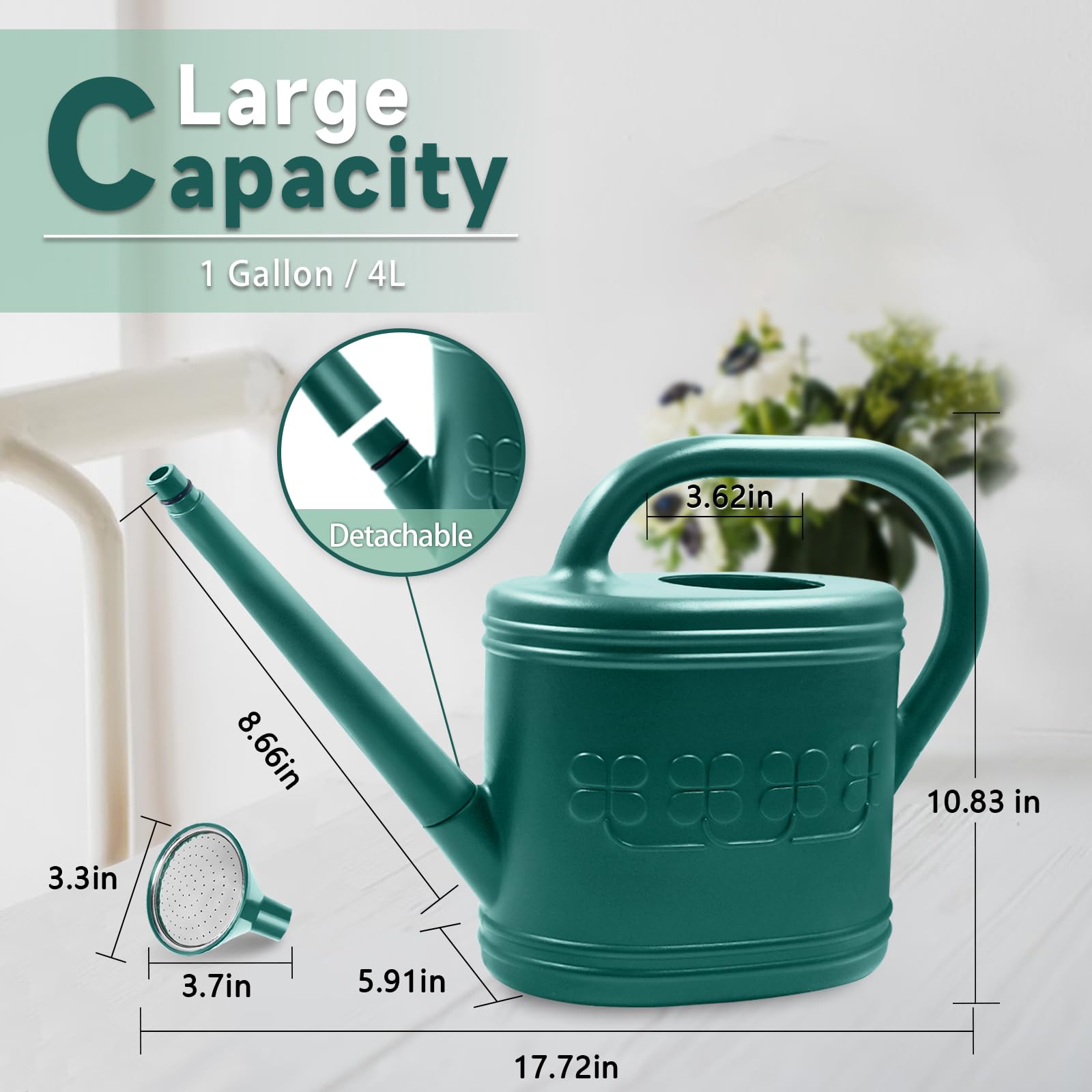 Arrosoir pour plantes d'intérieur et d'extérieur, arrosoir avec pommeau de douche en acier inoxydable, arrosoir en plastique de 3,8 l pour jardin, fleurs, légumes, serre