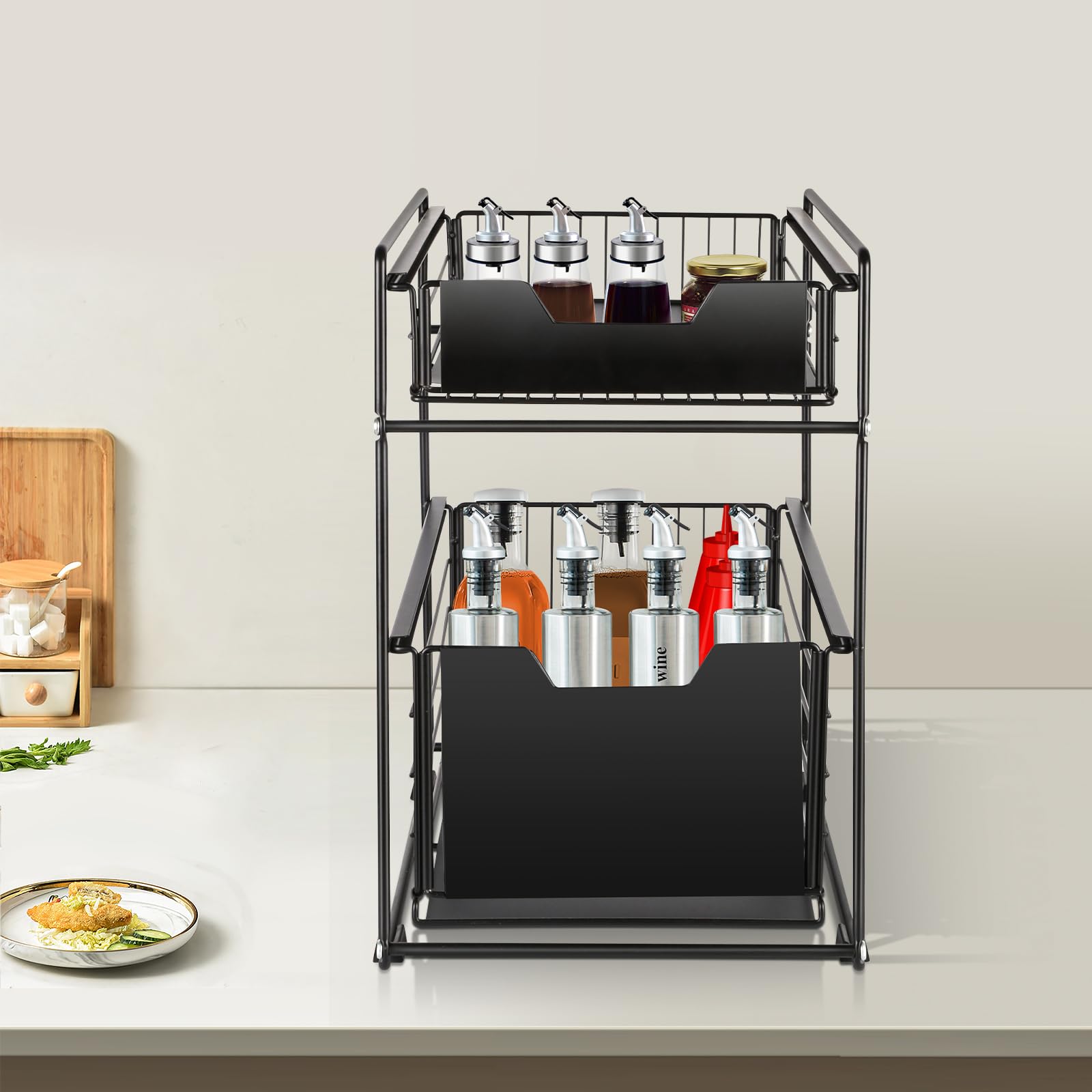 Thinfar Keukenopbergrek met 2 Niveaus, voor Onder de Gootsteen, Verschuifbaar, Dragers, voor de Keuken (Zwart*1st Thinfar Keukenopbergrek met 2 Niveaus, voor Onder de Gootsteen, Verschuifbaar, Dragers, voor de Keuken (Zwart*1st