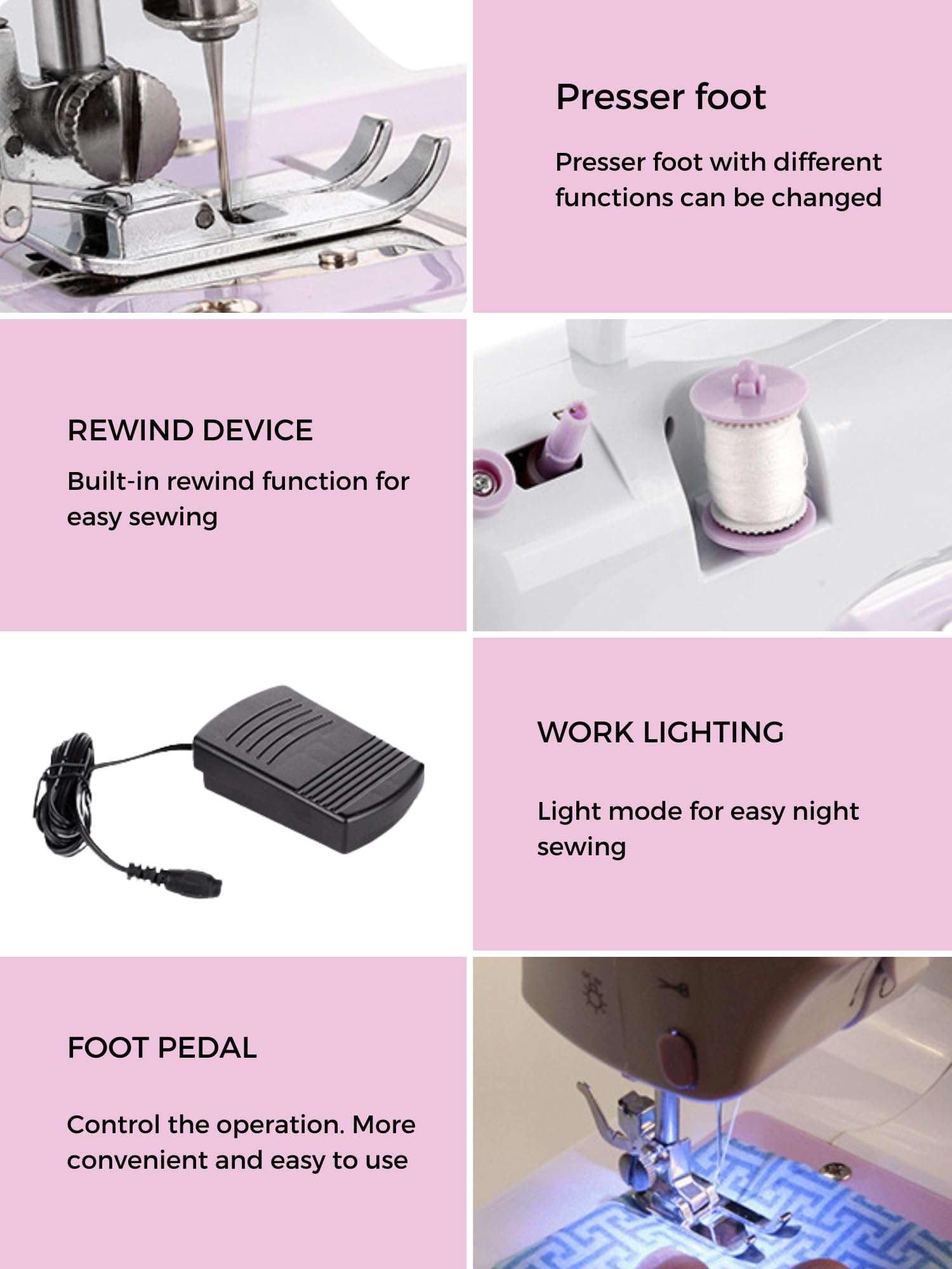 Máquina de Coser Portátil con 2 Velocidades y 12 Puntadas, Pedal, 2 Carretes, Aguja de Recambio, Cortador de Hilo y Luz de Trabajo, Funciona con Cable o (Pilas AA no incluidas) + Kit de Costura.