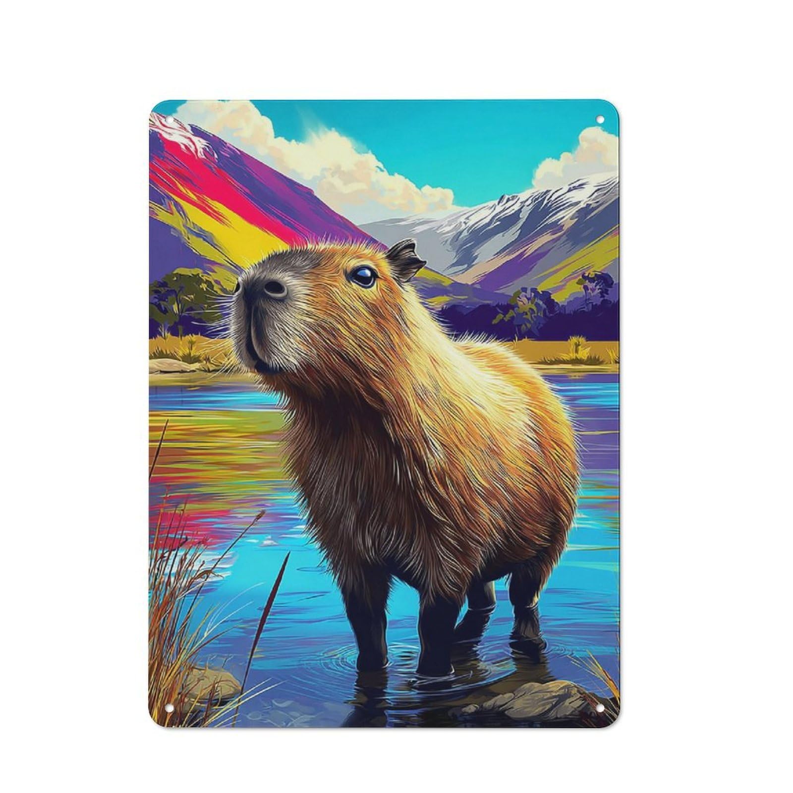 Junmoney Capybara In Colorful Landscape-3 Tin Wall Plaque 40X30cm With For Hallway Wall, With Clear Retro Wall Decor Character