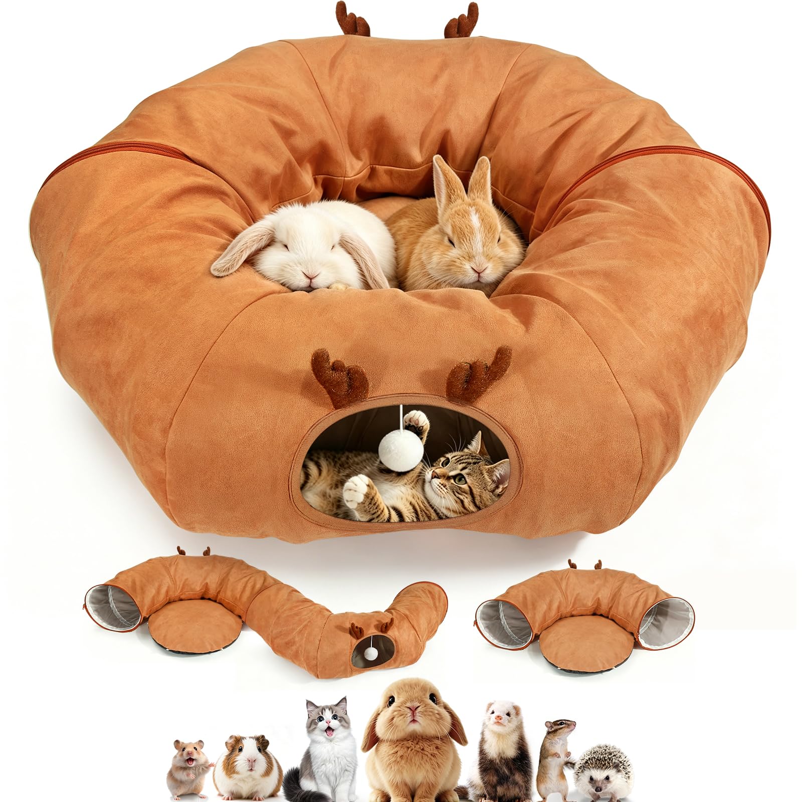 MIAOKE Bunny Tunnel Bed, an Adorable Plush 3-in-1 Collapsible Tunnel Tubes Toys, Three Play Shapes, Portable, And a Multi-Functional Playground Suitable for Cats, Puppies, Rabbits, And Ferrets