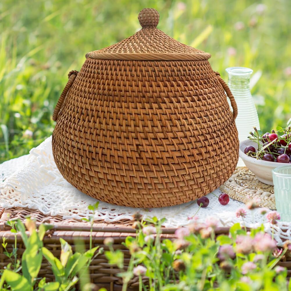 Cesto portaoggetti in vimini con coperchio-cestino in rattan Cesto per frutta rotondo in rattan naturale leggero intrecciato a mano per frutta, verdura