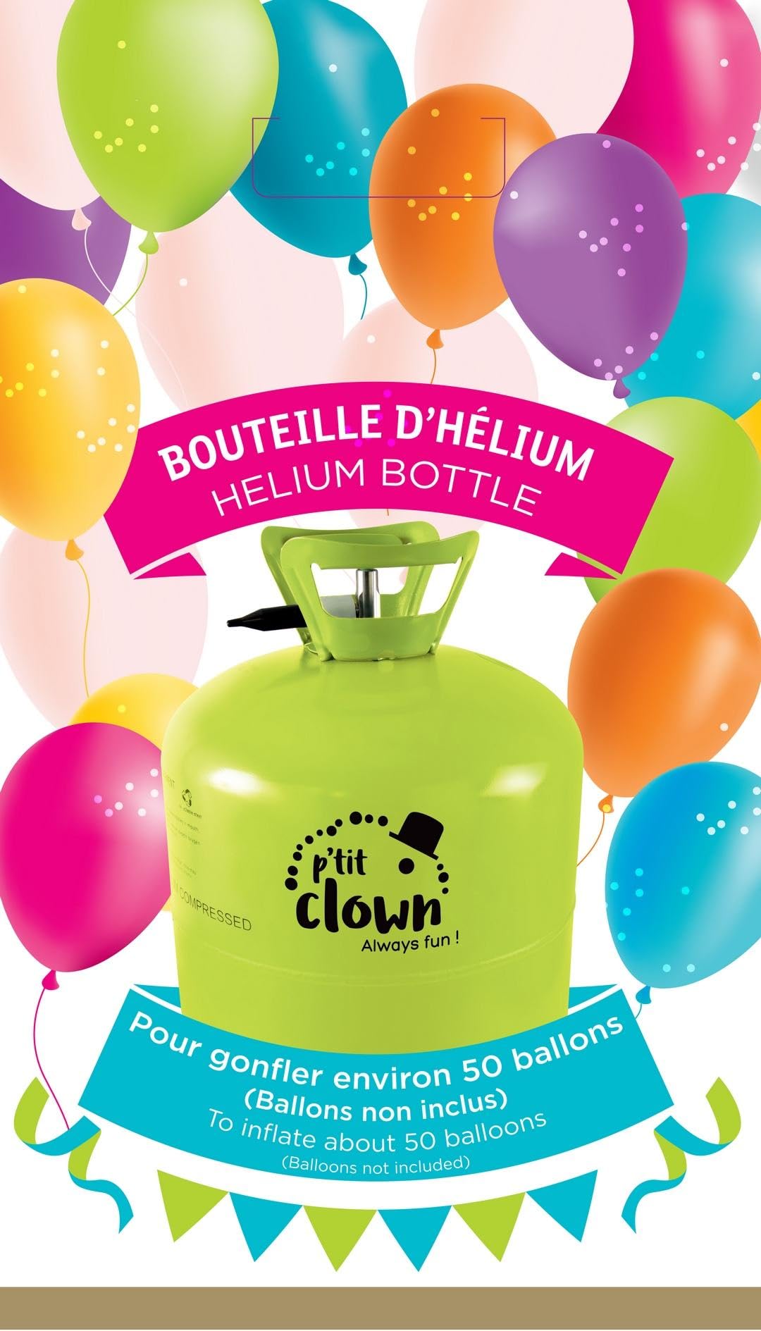 PtitClown - Einweg-Heliumflasche für Luftballons - Einfach zu verwenden - Für Partydekorationen, Geburtstage, Hochzeiten, Taufen, Bälle, Weihnachten, Neujahr - Luftballons nicht inbe (50 BALLONS)