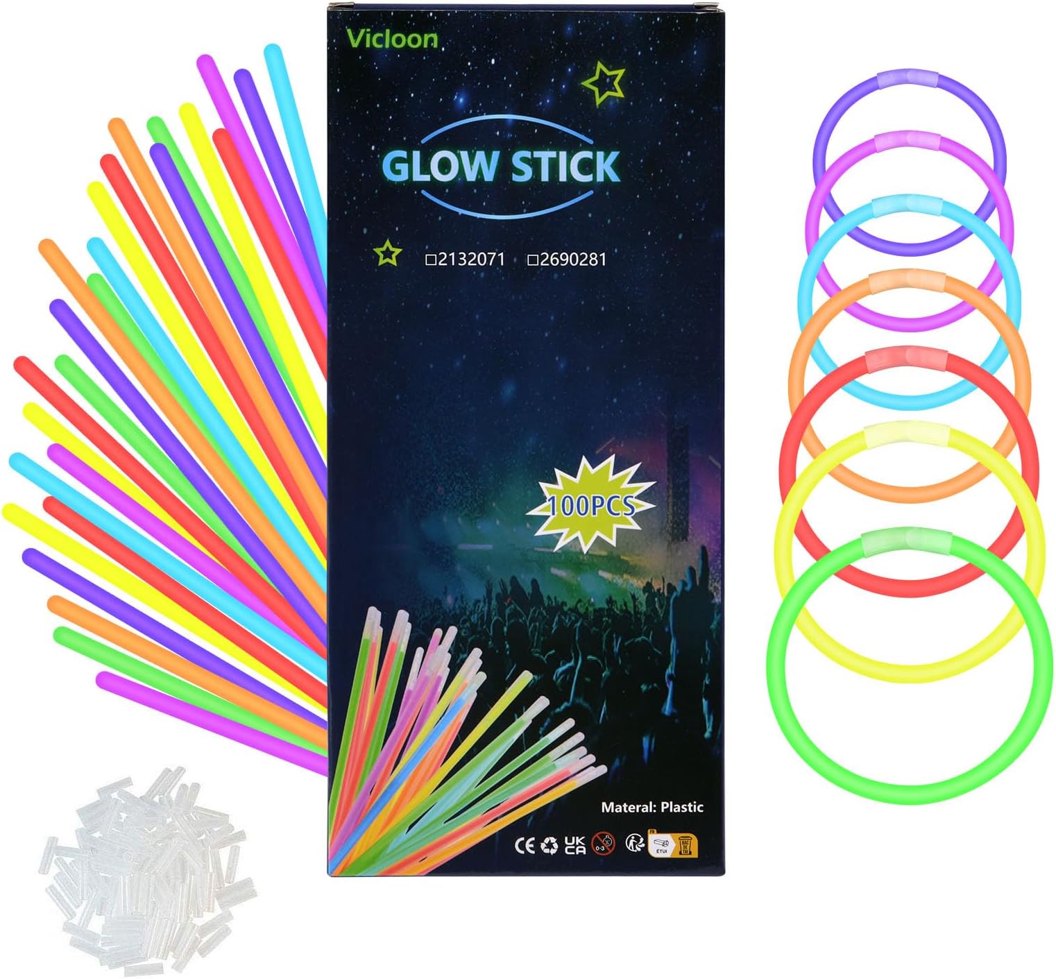 Vicloon 100 Glow Stick, Glow Party Supplies with Connectors to Make Glow Necklaces, Neon Bracelets, Mixed Color Light Sticks, Suitable for Dance, Wedding Favors or Party Fillers
