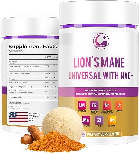 LEGRANO Cápsulas de melena de león y suplemento NAD+ con ribósido de nicotinamida (NR), L-teanina, magnesio, zinc, vitamina B6 y cúrcuma - Fórmula