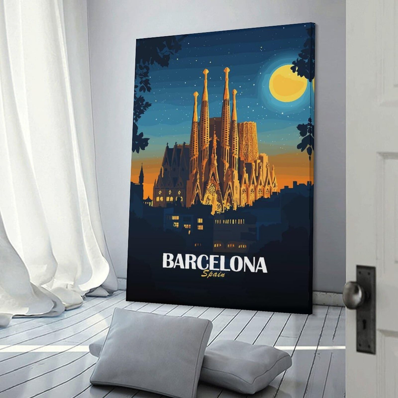 Junmoney Barcelona Spain Sagrada Familia Illustration Canvas Wall Picture, 20x30inch(50x75cm), for Flats, Guest Rooms Or Compact Rooms, An Easy Choice for New Home Styling