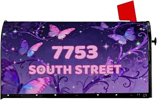 Purple Butterfly with Glowing Sparkle Star Mailbox Covers Magnetic Standard Size 22x18 Inch, Romantic Purple Mail Box Wraps Customized Address Post Letter Box Covers for Home Garden Yard Decor
